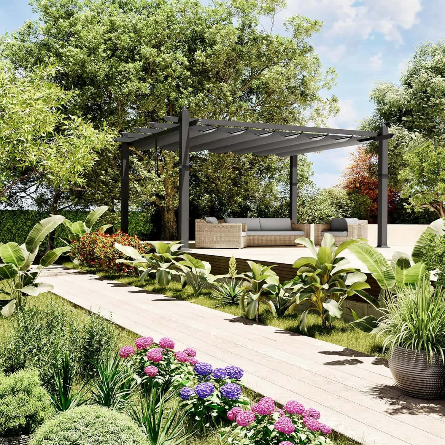 Qeetex LSHQQPHO-335E8FEE 10x13 ft Outdoor Gazebo with Retractable Awning UV Resistant Metal Gazebo Gray