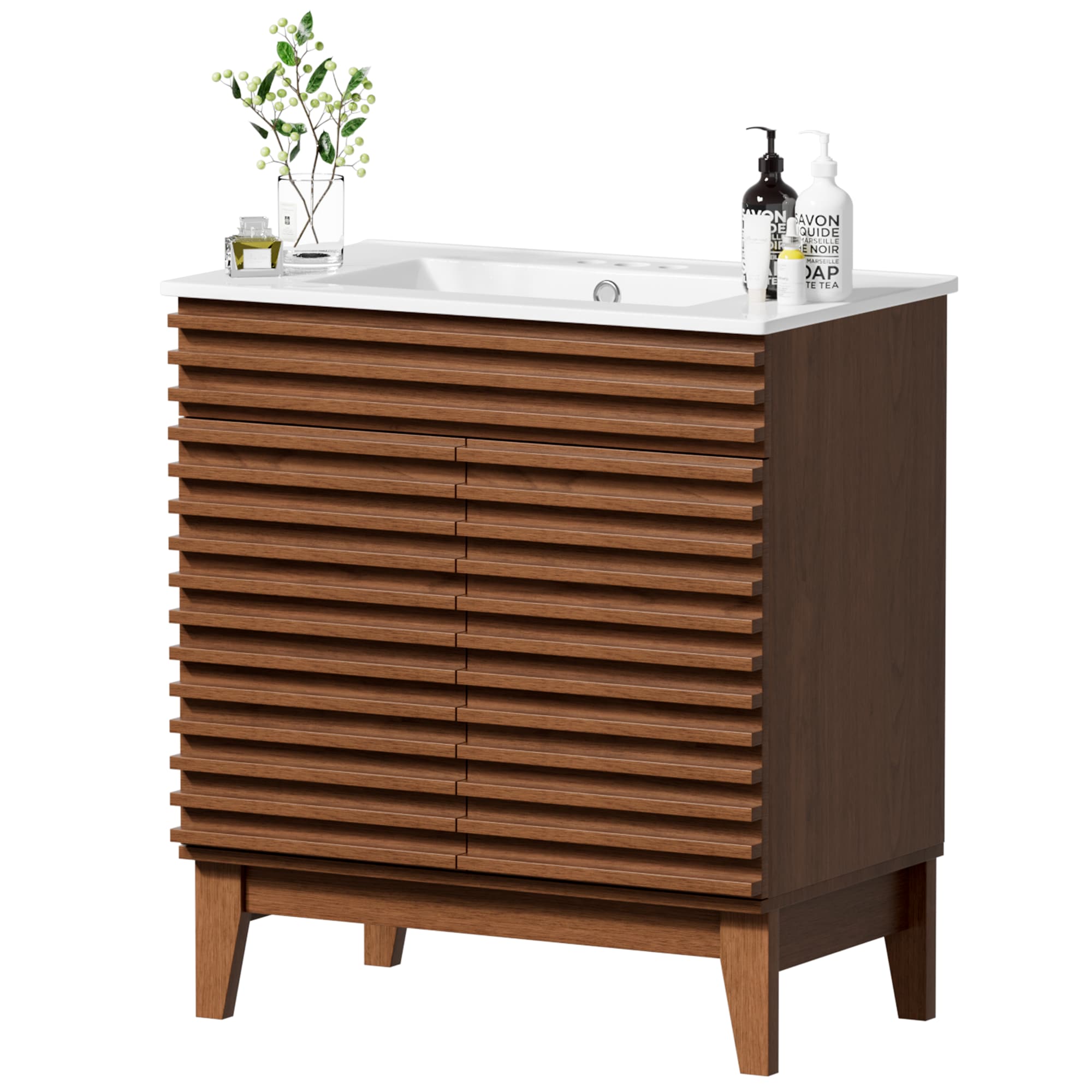 LOVMOR LO-D5C300537B--1-ZJL 30-in W Walnut Freestanding Bathroom Vanity with Undermount Ceramic Sink and 2-Level Storage