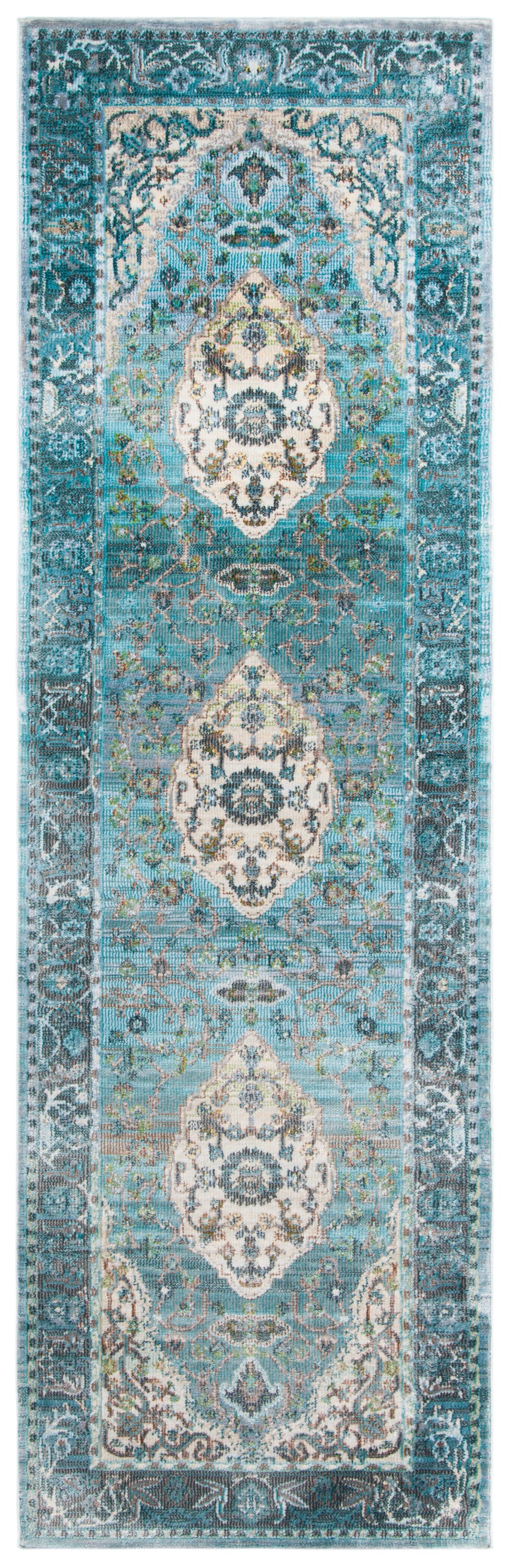 Luxor Turquoise and Beige Hand-Knotted Runner Rug
