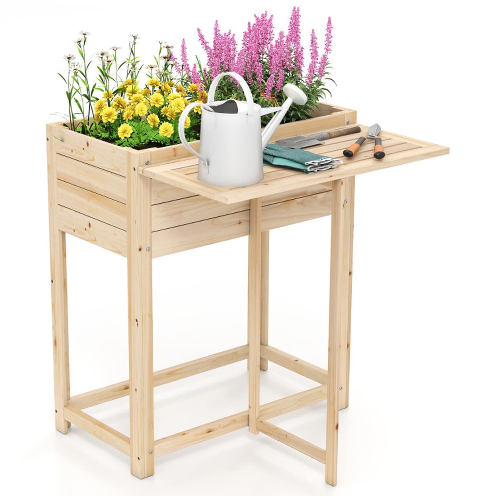 SUGIFT Wooden Raised Garden Bed with Legs Foldable Side Table Fir Wood Planter Box for Balcony Patio Gardening-Natural