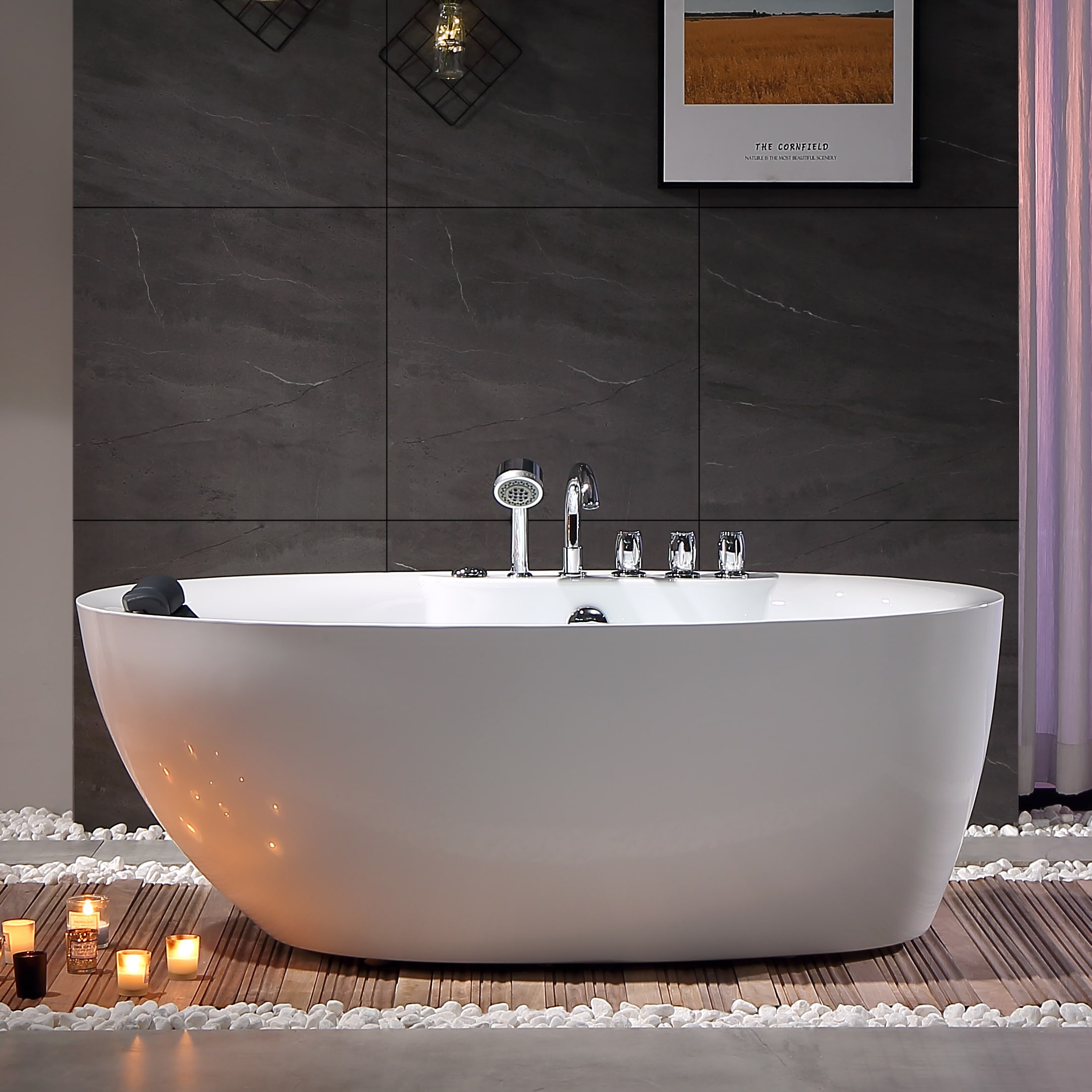 Empava EPV-67AIS13 Hydrotherapy Massage Bath Freestanding Whirlpool Bathtub 31.5-in x 67-in Glossy White Acrylic Oval Freestanding Whirlpool tub with Faucet Hand Shower Drain ( Back center Drain )