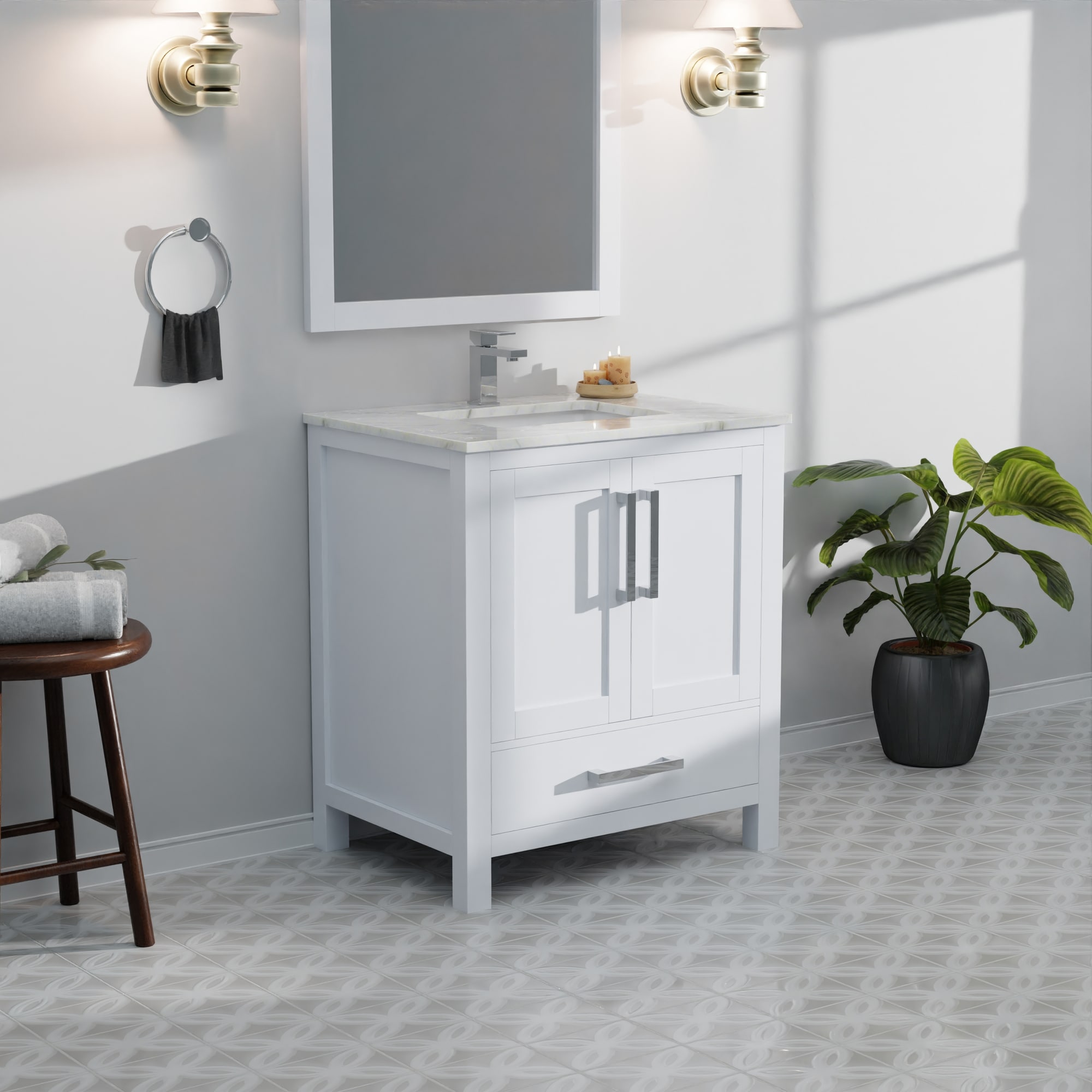 White 30" Vanity with Marble Top, Sink, Mirror, and Faucet