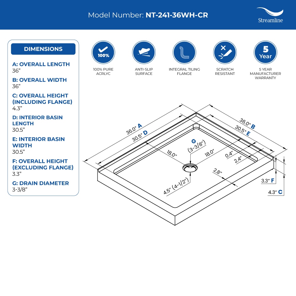 Streamline NT-241-36WH-CR Shower-Floors - View #7