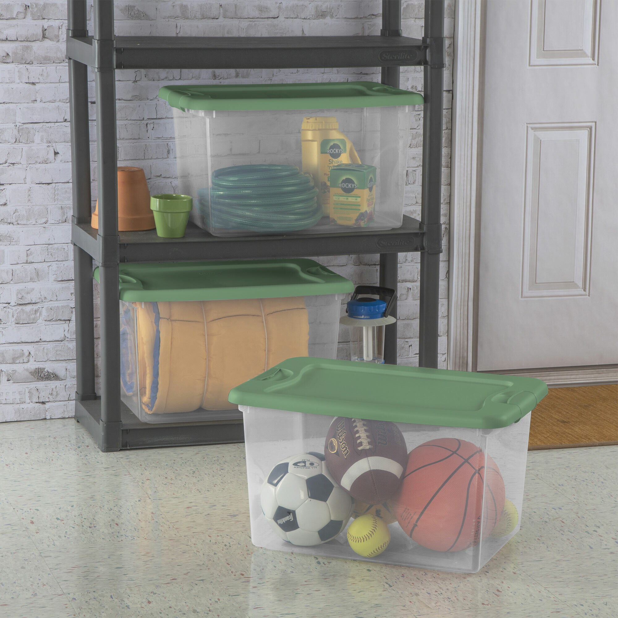  Sterilite 18 Gal Storage Tote, Stackable Bin with Lid, Plastic  Container to Organize Clothes in Closet, Basement, Crisp Green Base and  Lid, 8-Pack : Home & Kitchen