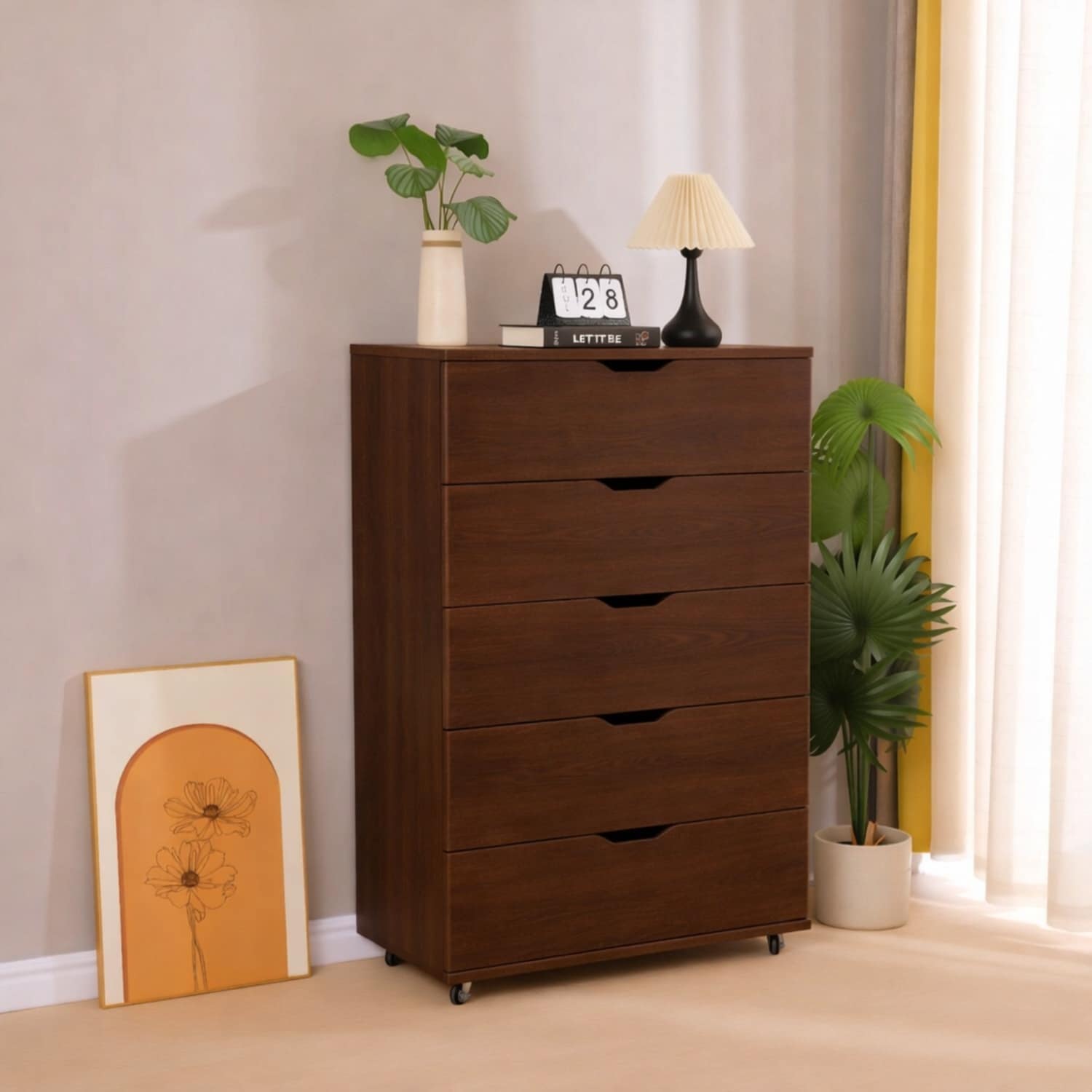 Dark Brown 5 -Drawer 30.71-in Wood File Cabinet with Wheels Vertical Filing Chest Wood Storage Dr...