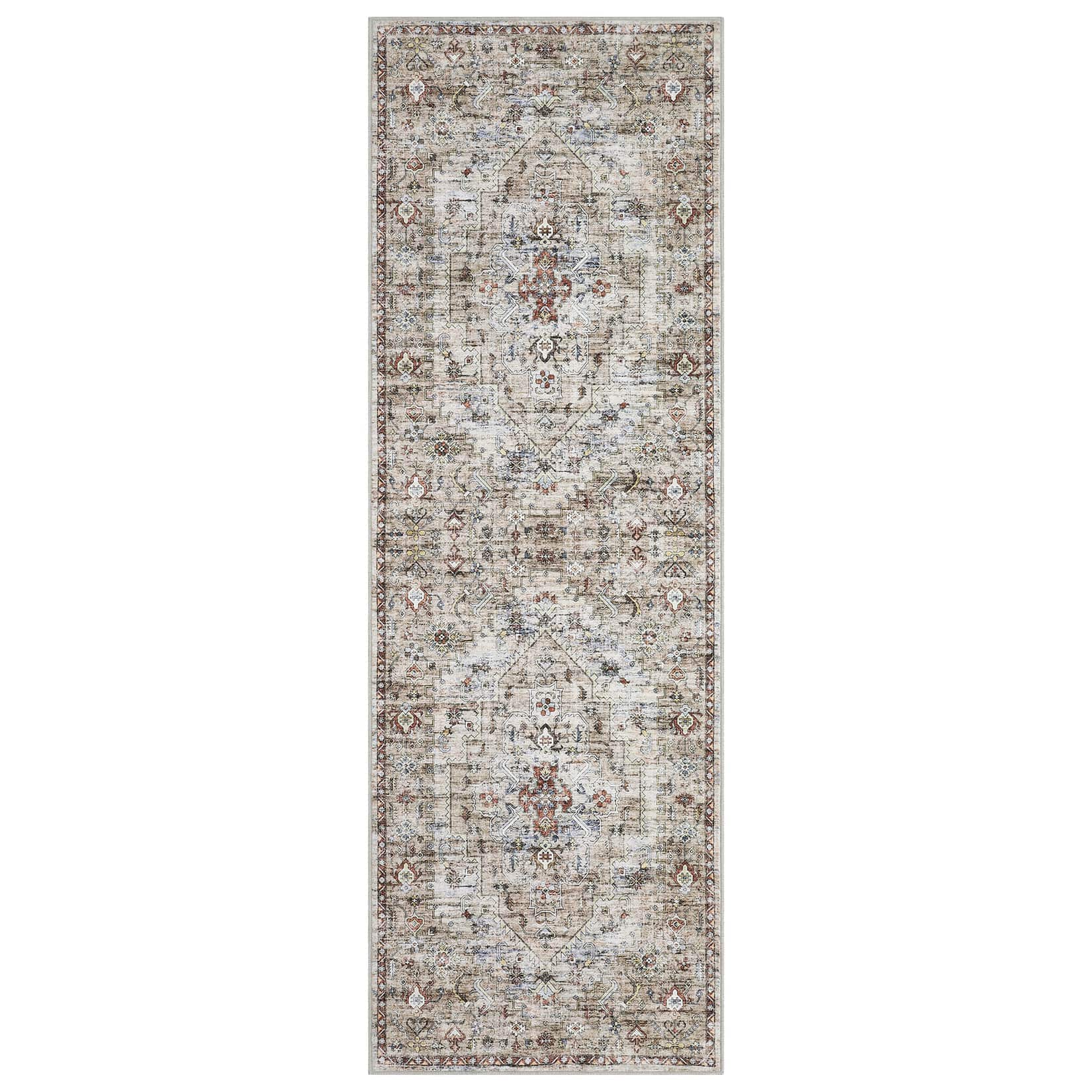 Qeetex LSN-PHO-16LHVA9P 2 x 6 ft Polyester Cashmere Imitation Brown Rectangular Hallway Bathroom Entryway Kitchen Office Foldable Flower Printed Persian Washable Area Rug