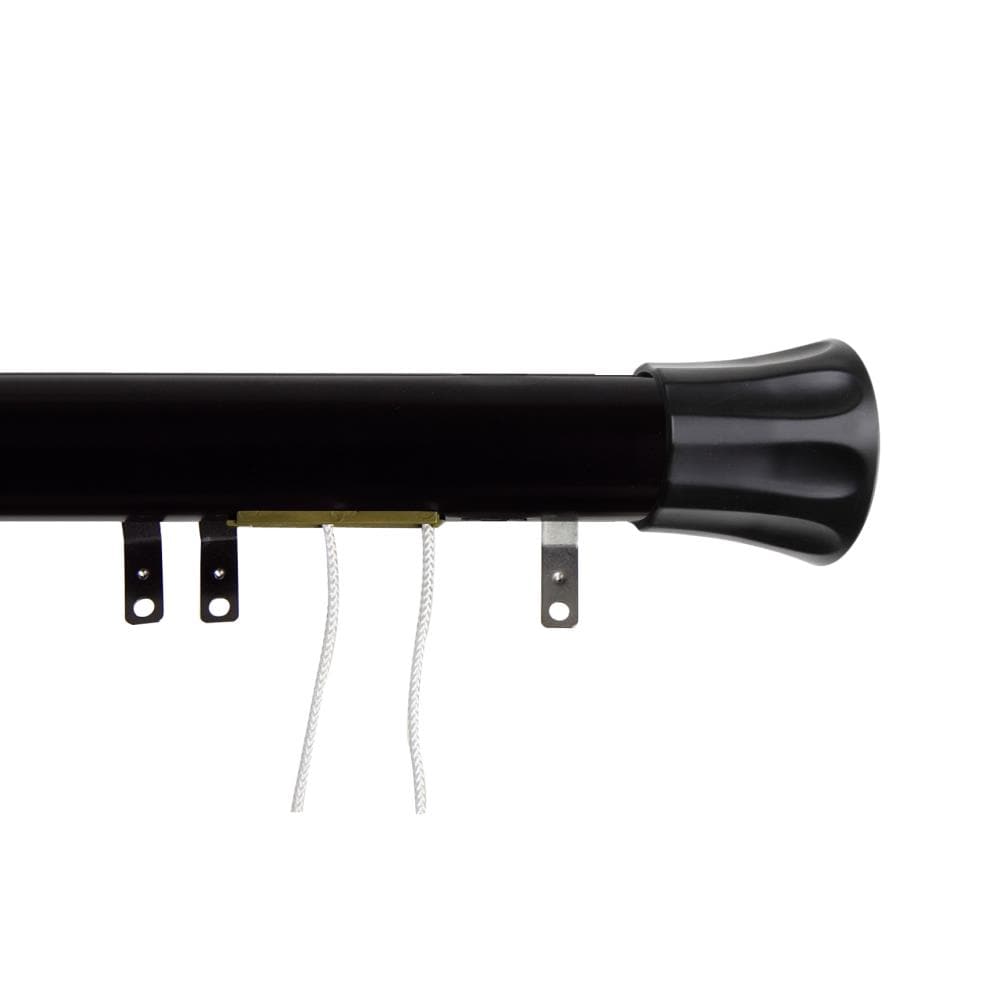 Rod Desyne DTS-00-662 1.5-in Regal 66-in to 120-in Black Steel Traverse curtain rod with Finials