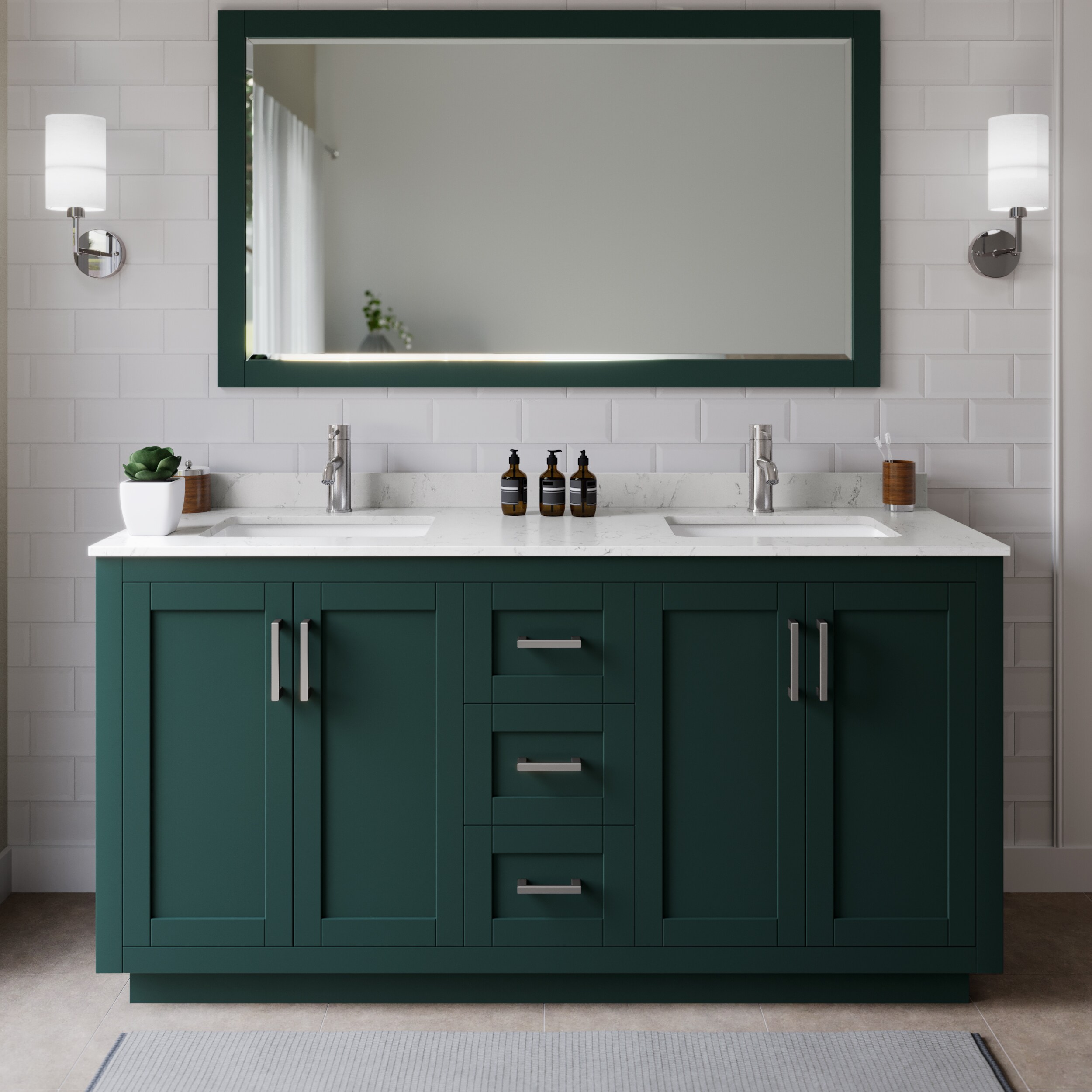 Wyndham Collection WCF292966DGEC2UNSM58 Miranda 66-in Green with Brushed Nickel Trim Undermount Double sink Bathroom Vanity with Carrara Cultured Marble Cultured marble Top (Mirror Included)