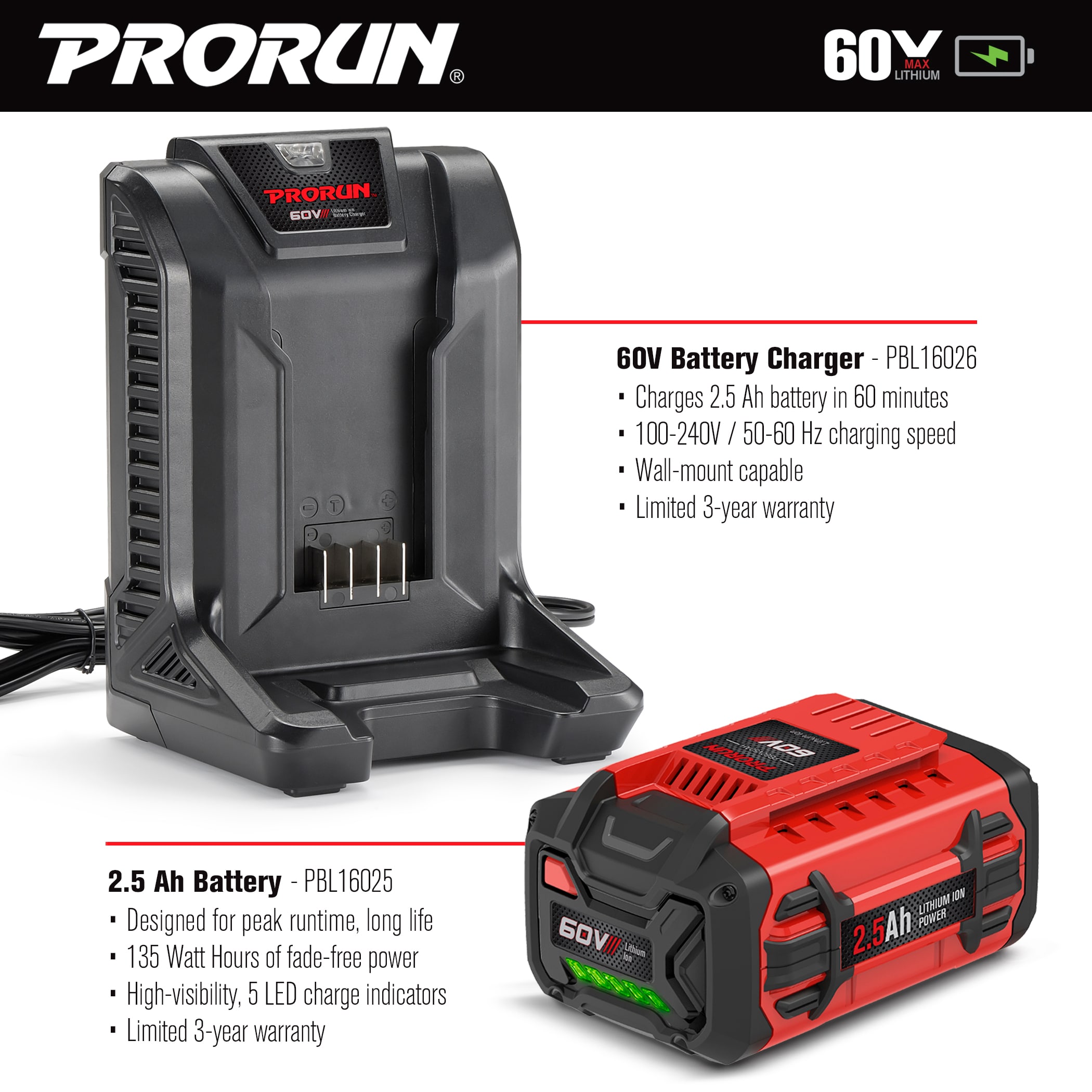 PRORUN 60-Volt Battery Charger (Charger Included) in the Cordless Power  Equipment Batteries & Chargers department at