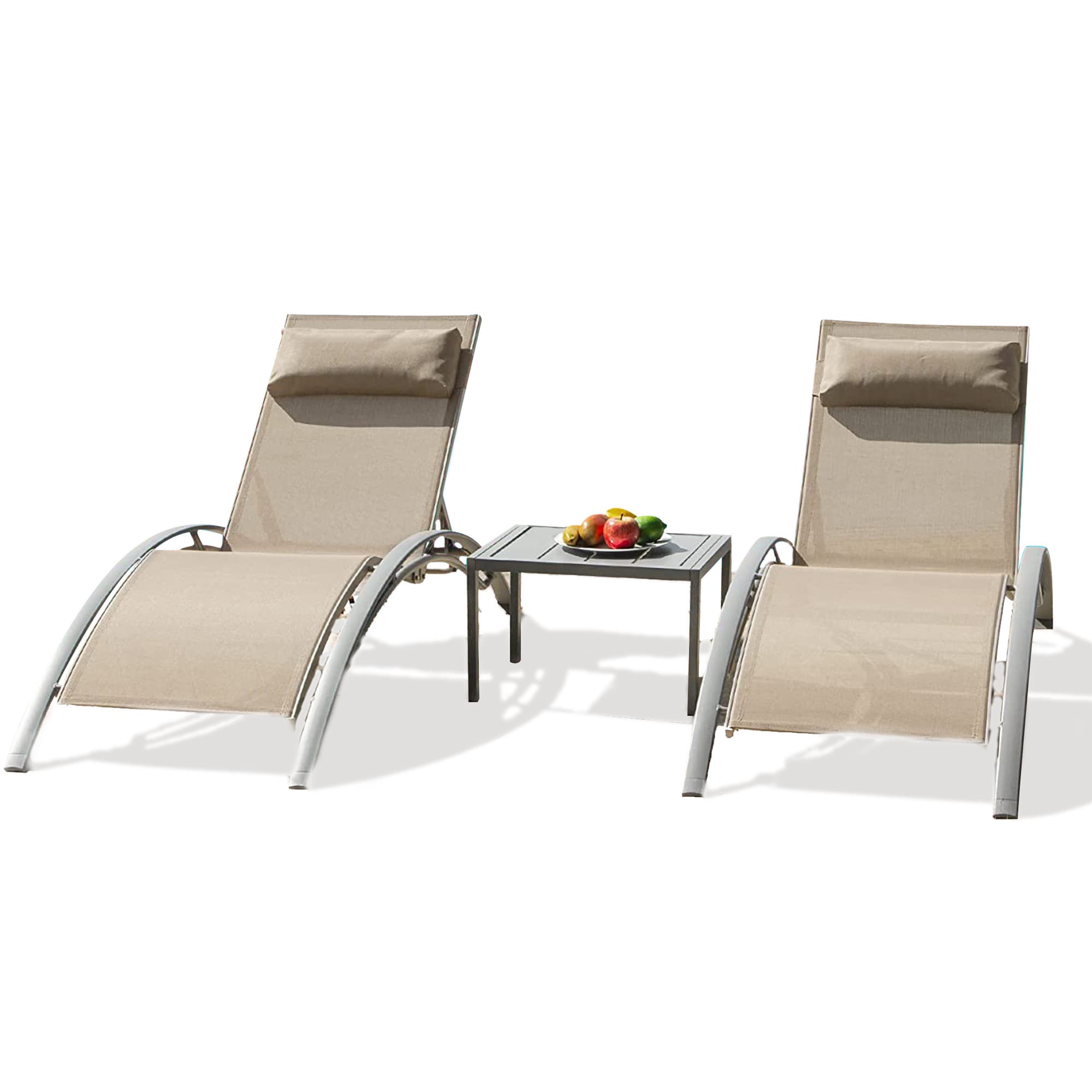 Patio Chair Stackable Beige Aluminum Frame Stationary Recliner Chair with White Cushioned Seat | - BANSA ROSE LLZJLY81401