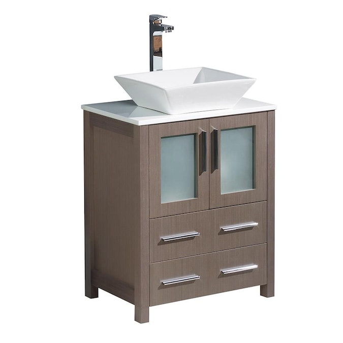 Gray Oak Single Sink Bathroom Vanity, White Bathroom Vanity With Vessel Sink