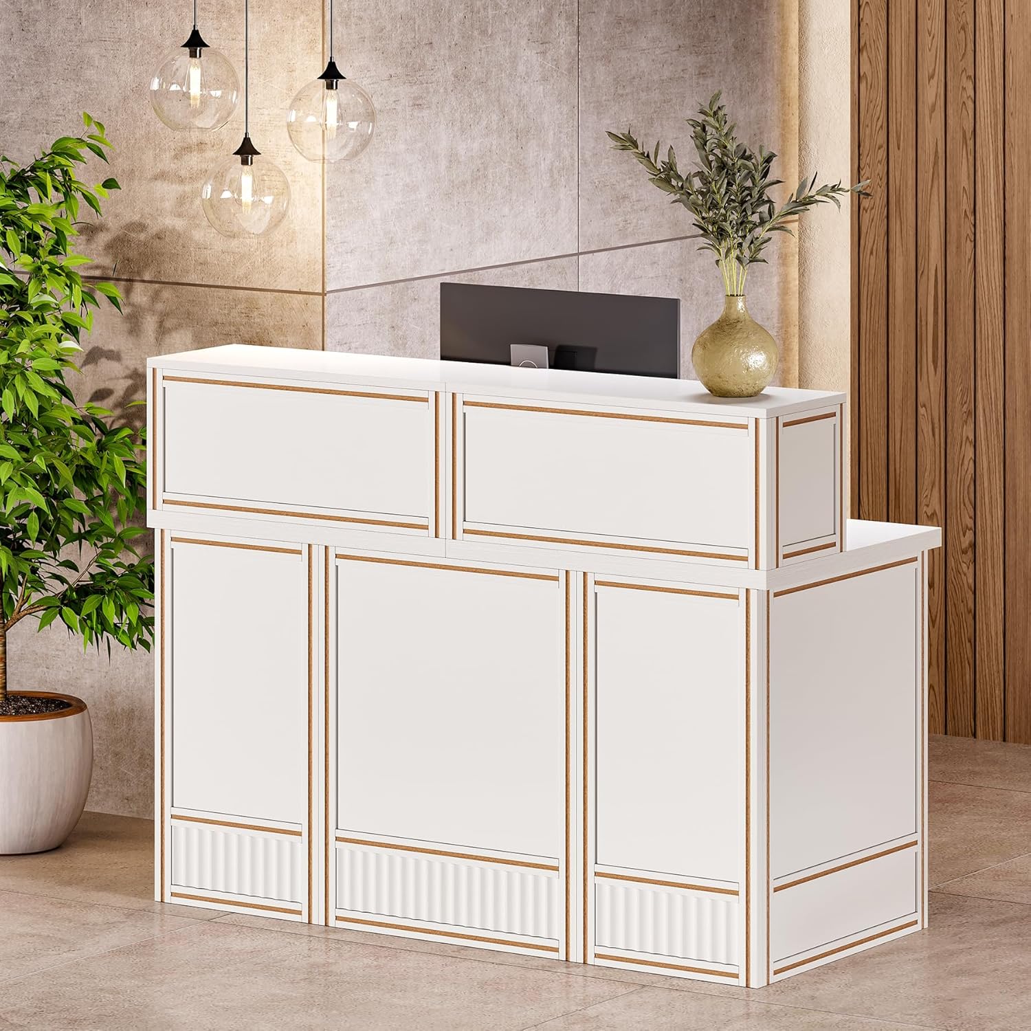 Tribesigns 57 inch W White Reception Desk with Counter and Metal Frame