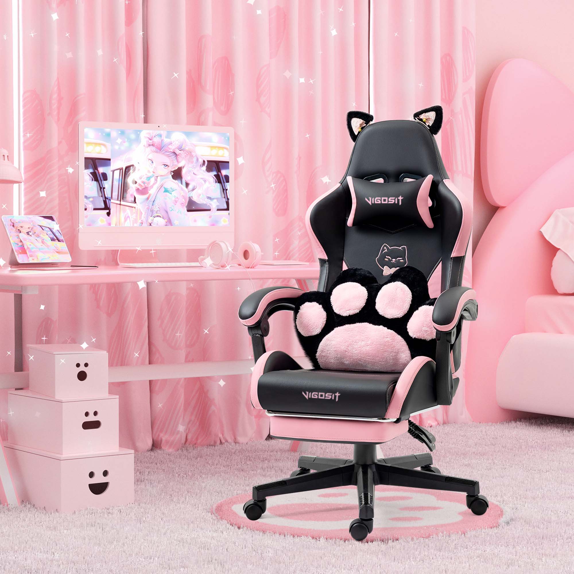 Black and Pink Cute Cat Adjustable Height Swivel Gaming Chair Office Chair with Paw Lumbar Cushio...