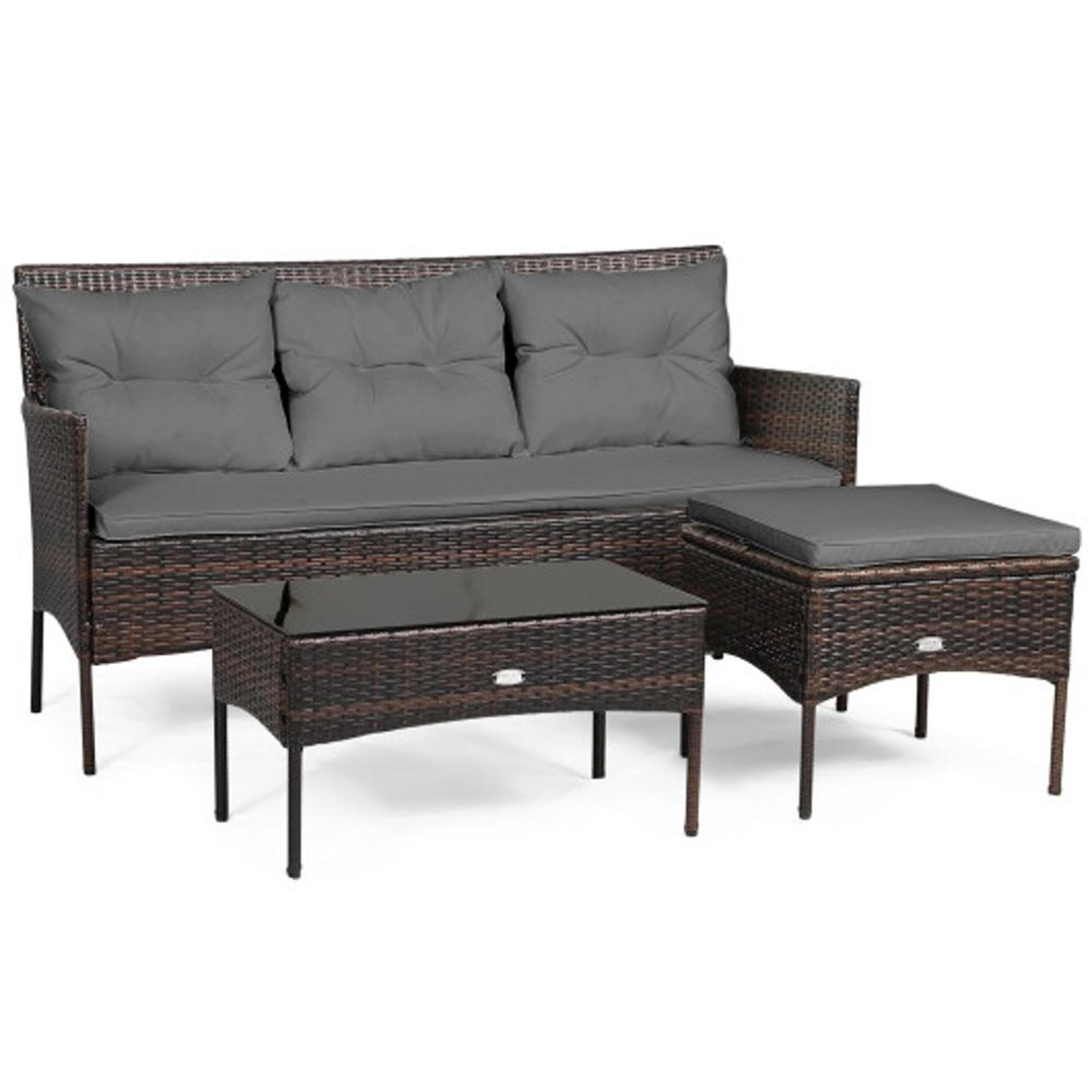BABOOM BOM-7714GR-CO 3 -Piece Rattan Patio Sofa Conversation Set with Gray Cushions