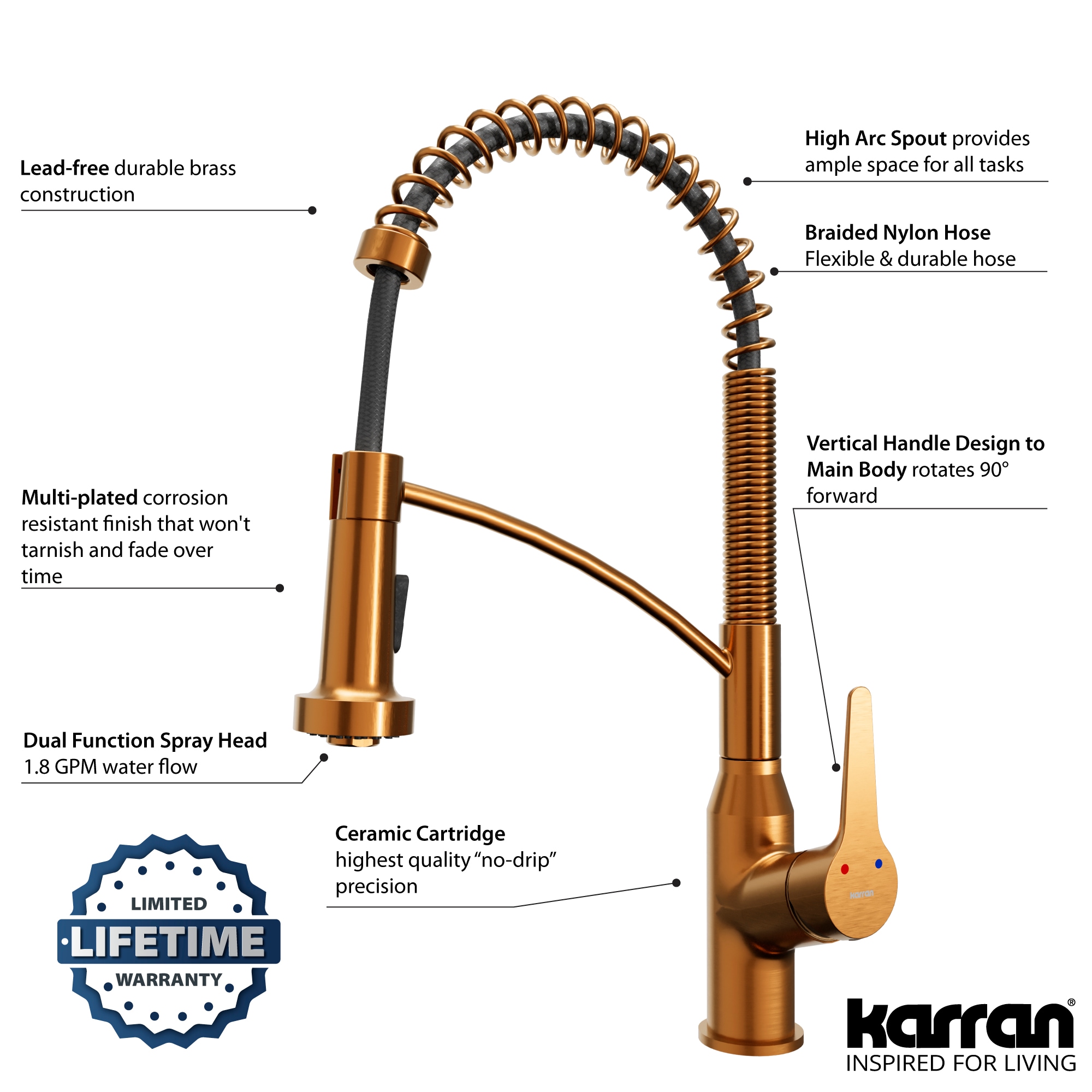 Brushed Copper Pull-Down Kitchen Faucet with Brass Construction