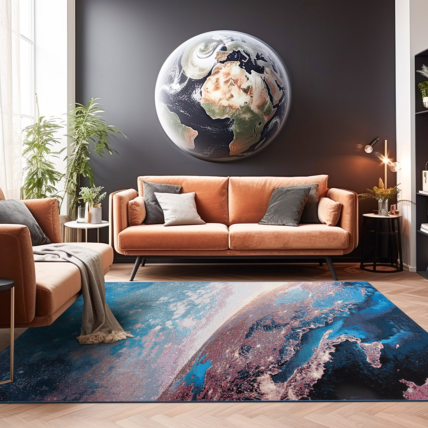 Cosmic Galaxy Red and Blue Rectangular Synthetic Rug 5' x 7'