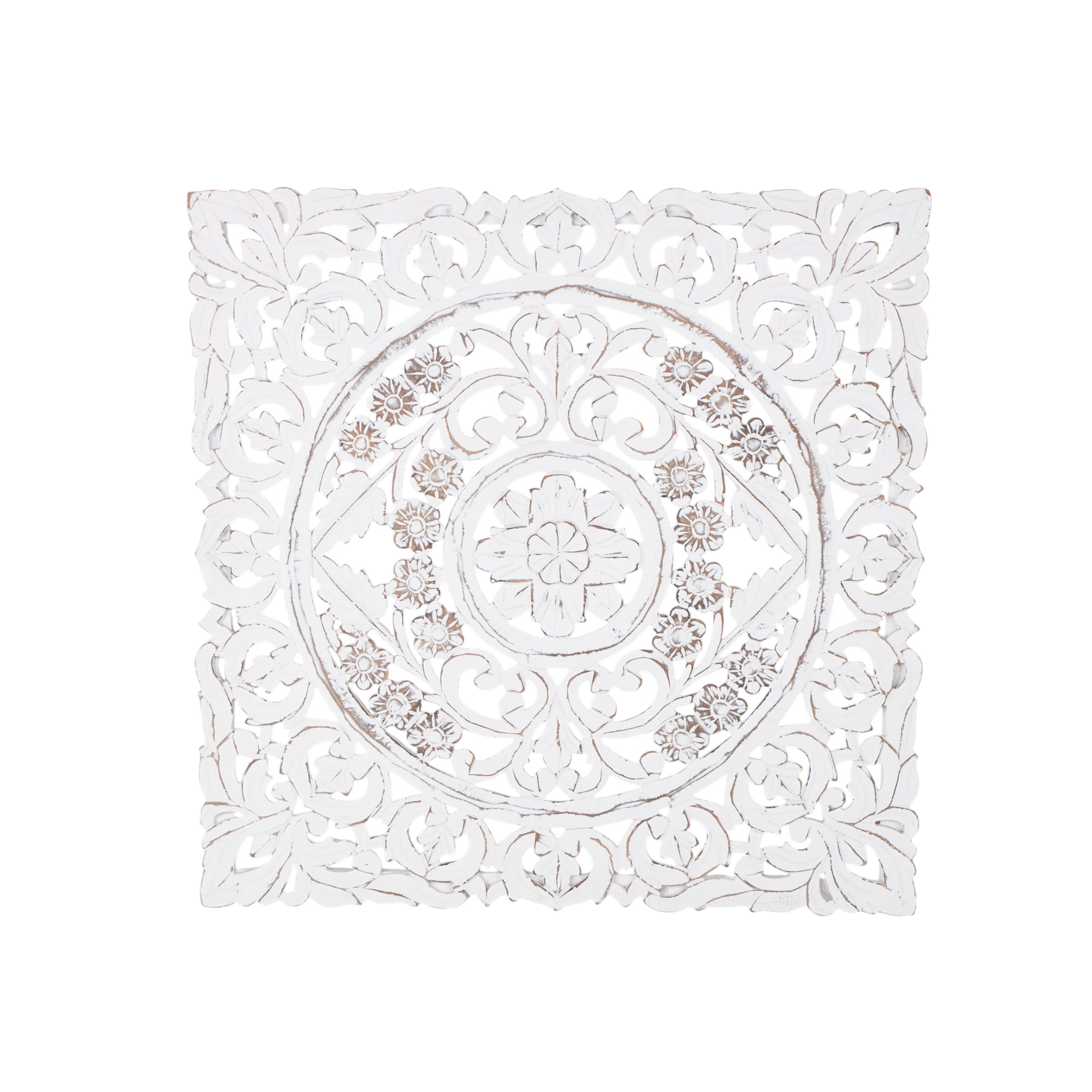 Whitewashed Wood Botanical Carved Wall Panel, 36" Square