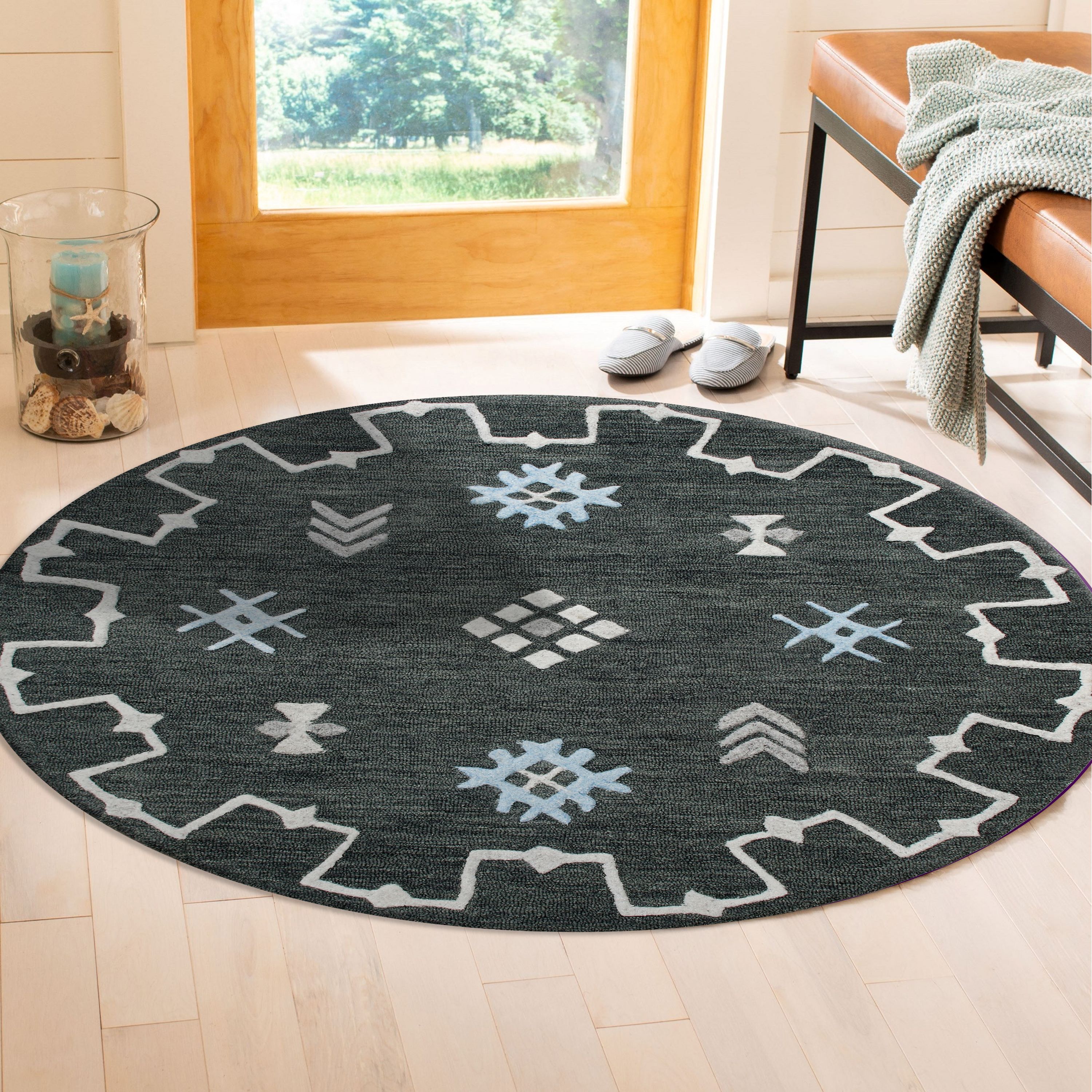 Artisan Geometric Blue & Charcoal 5' Round Wool-Viscose Rug
