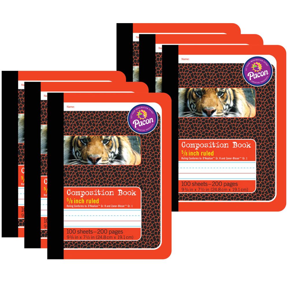 Pacon PAC2427-6 6-Pack Red Tiger Cover, White Pages B5 Notebook