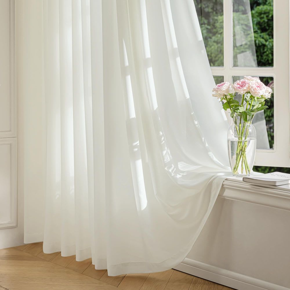 Etokfoks  Sheer Curtains 2 Panels Set 52 x 84 Inch Each Neutral Beige Faux Silk Rod Pocket Light Filtering Privacy Drapes Pet Friendly Machine Washable