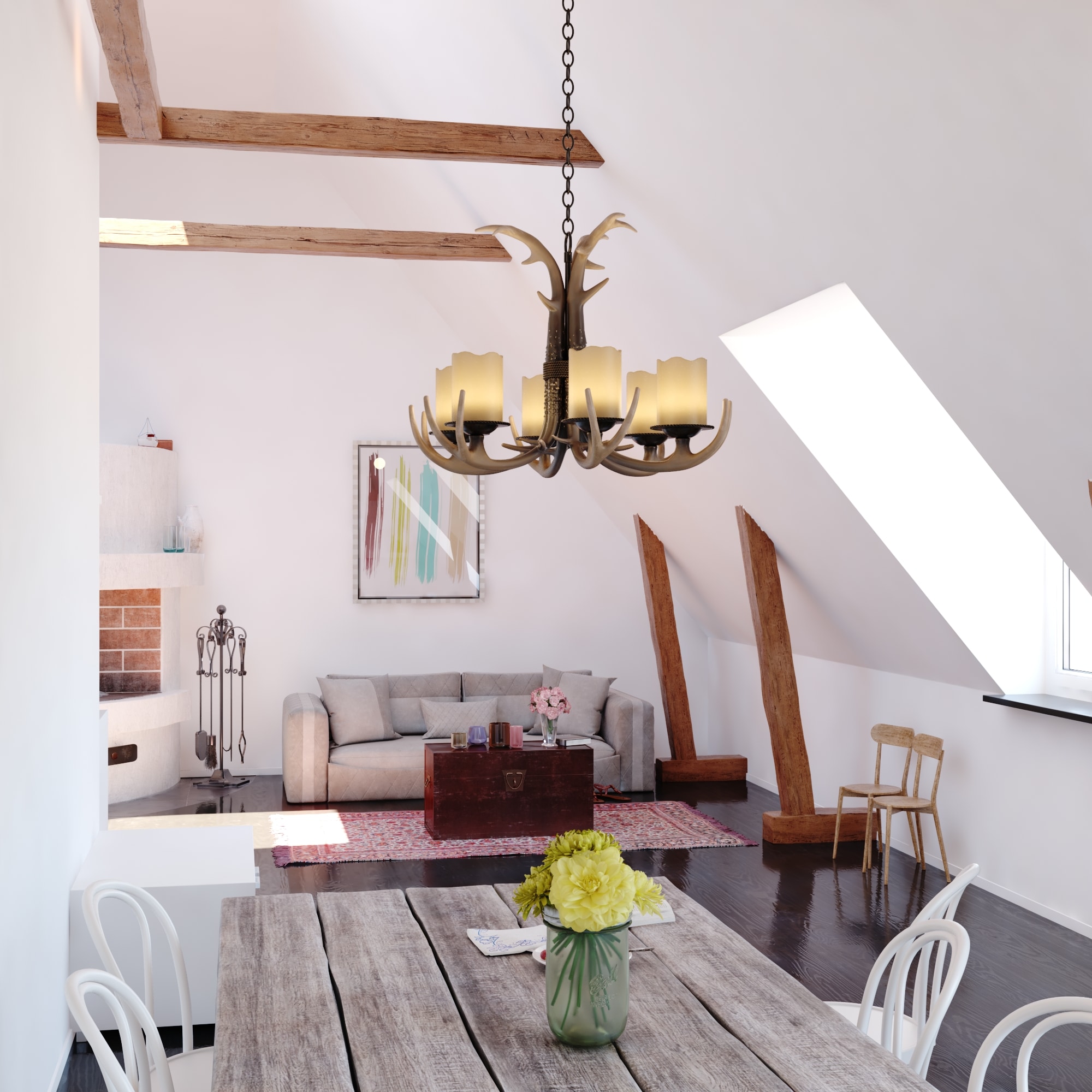 Rustic Antler-Inspired 6-Light Chandelier in Creme Cognac and Black Walnut