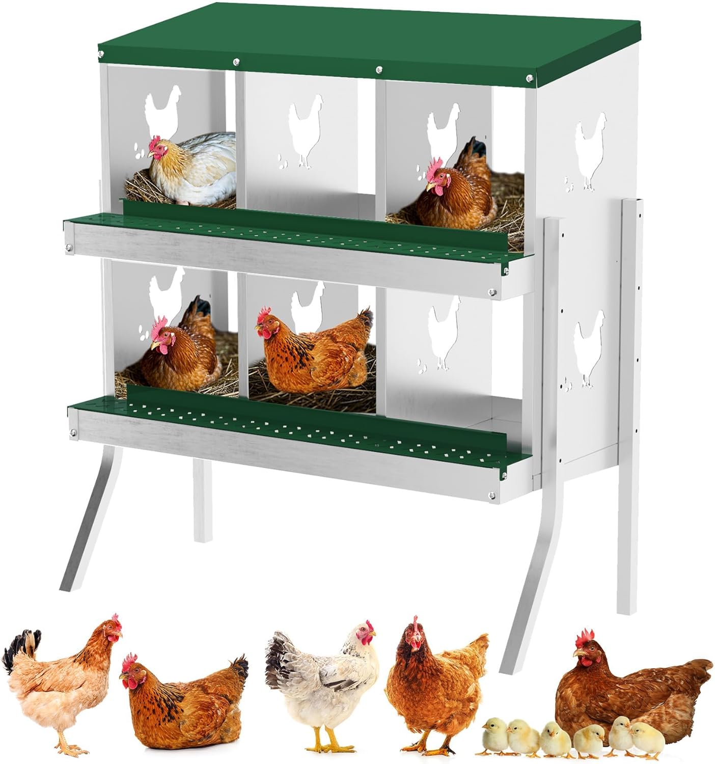 Qeetex WLS-PHO-348SMHG9 Nesting Boxes for Chickens 6 Compartment Chicken Nesting Box Metal Chicken Laying Boxes with Perch Secure Lid Versatile Wall Mount or Free Standing for Hens