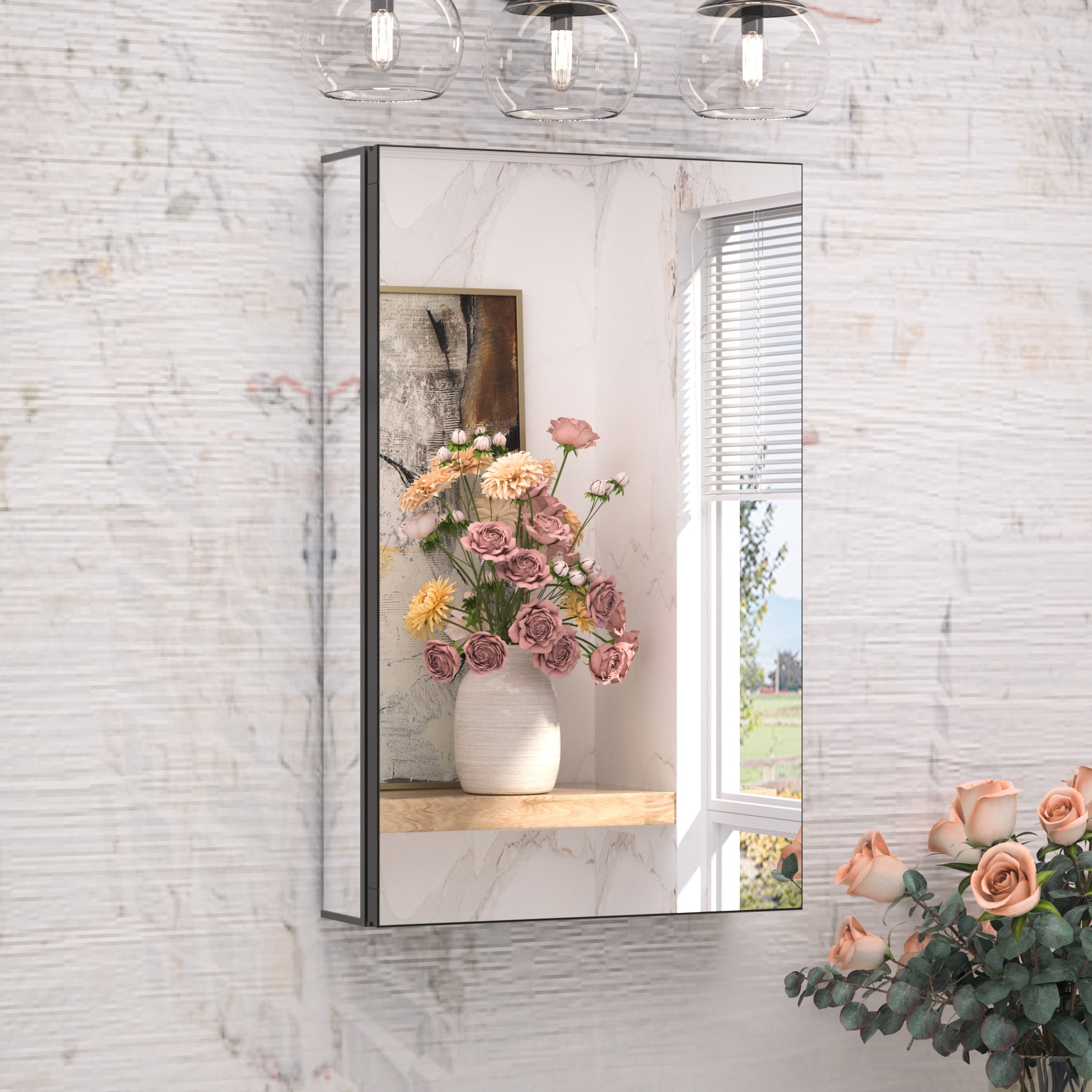 Keonjinn LW-JG-4066BK 16-in x 26-in Surface/Recessed Mount Black Mirrored Rectangle Soft Close Medicine Cabinet