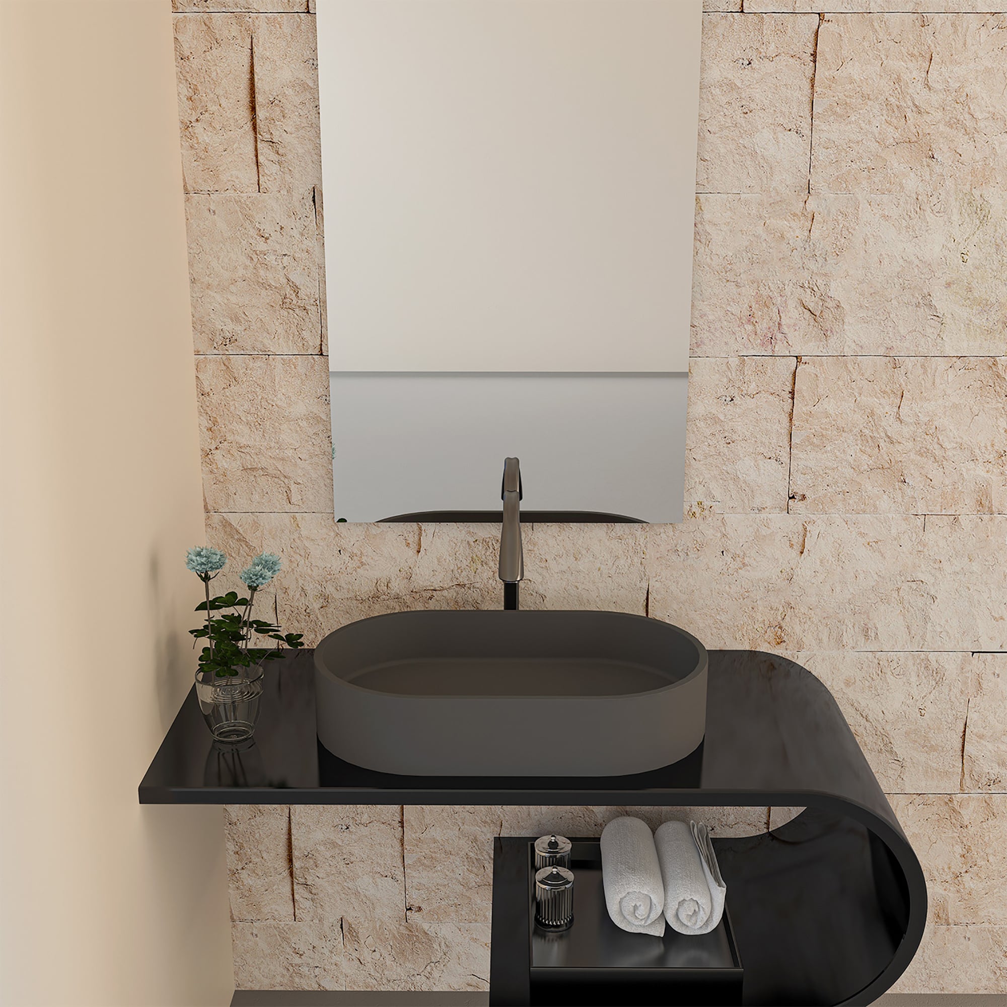 CASAINC SLH-LMU21189A1 Concrete Vessel Elliptical Rustic Black Earth Bathroom Sink with Drain Included ( 23.62-Inches x 13.77-Inches )