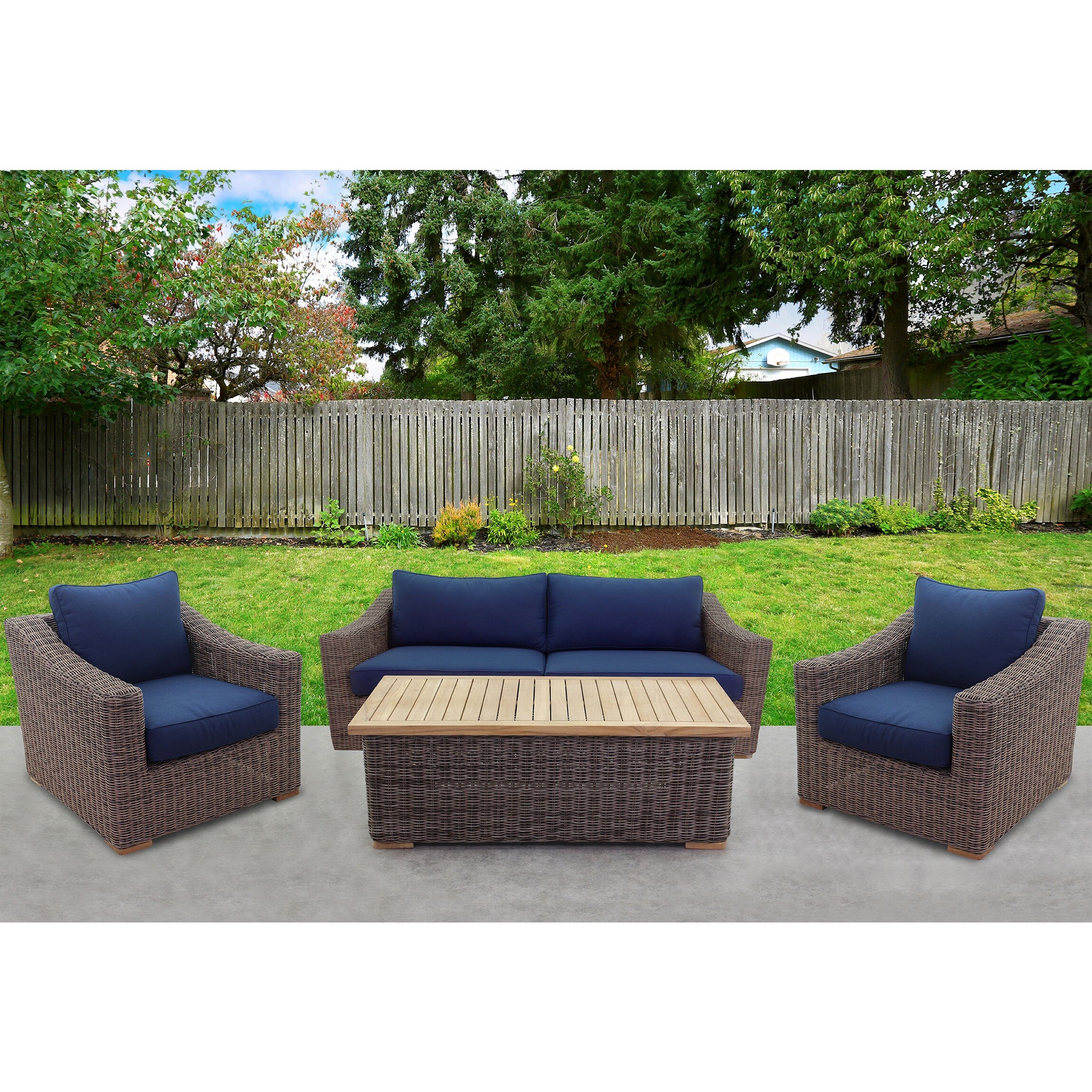 Courtyard Casual 5539 Tivoli 4-Piece Wicker Patio Conversation Set with Blue Cushions