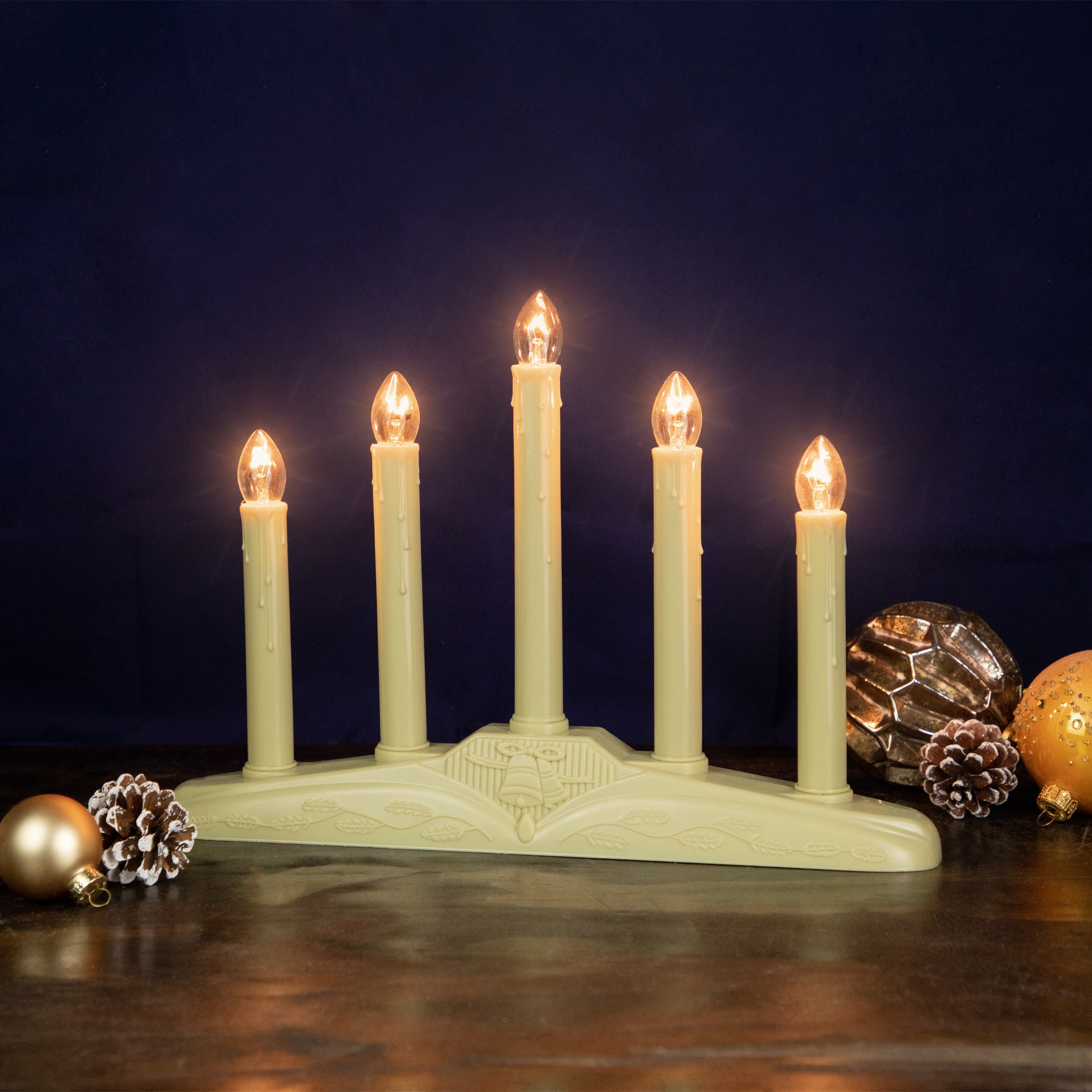 Ivory Winter Flame-Tipped 5-Light Candolier with Holly Accents
