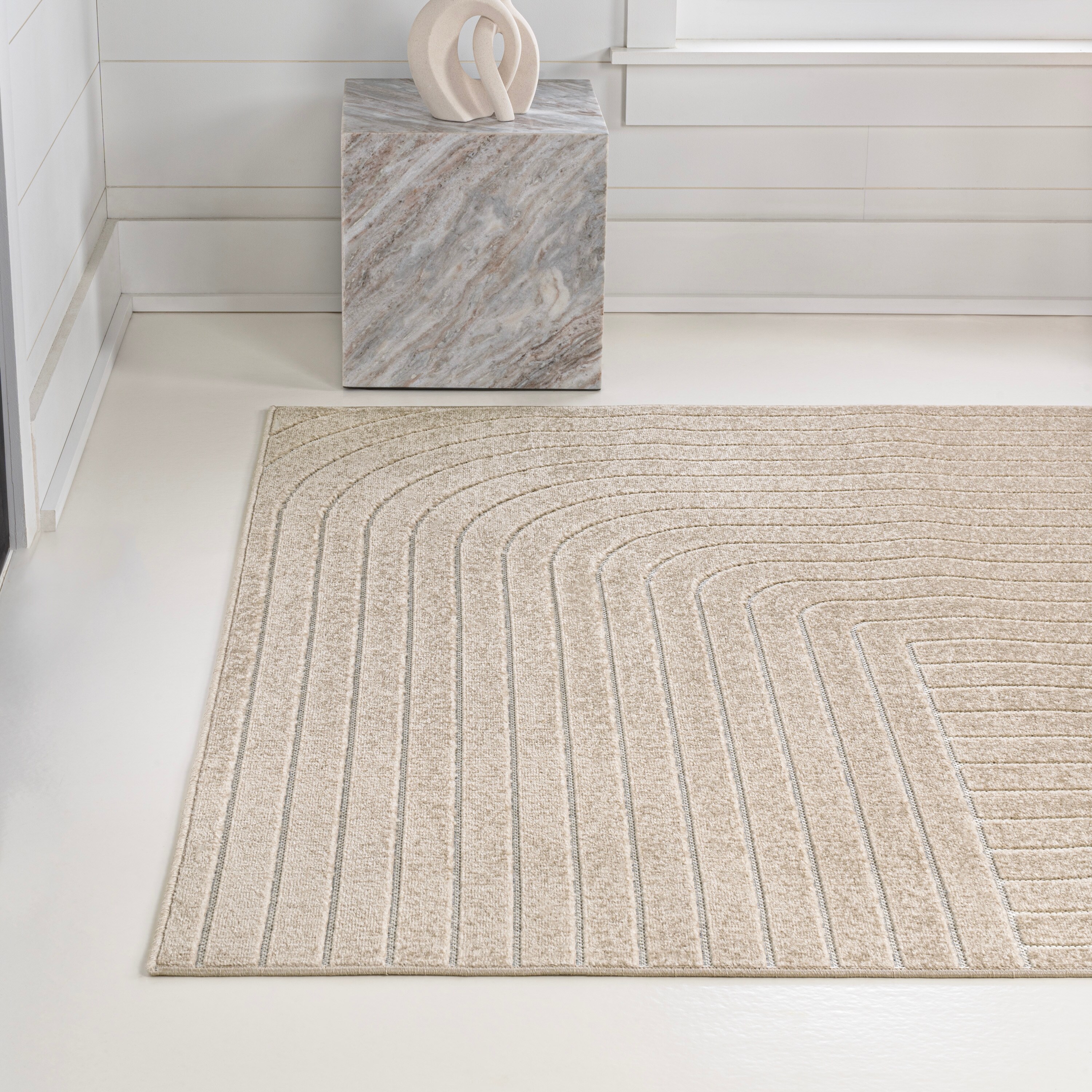 Beige and Cream 8' x 10' Striped Synthetic Area Rug