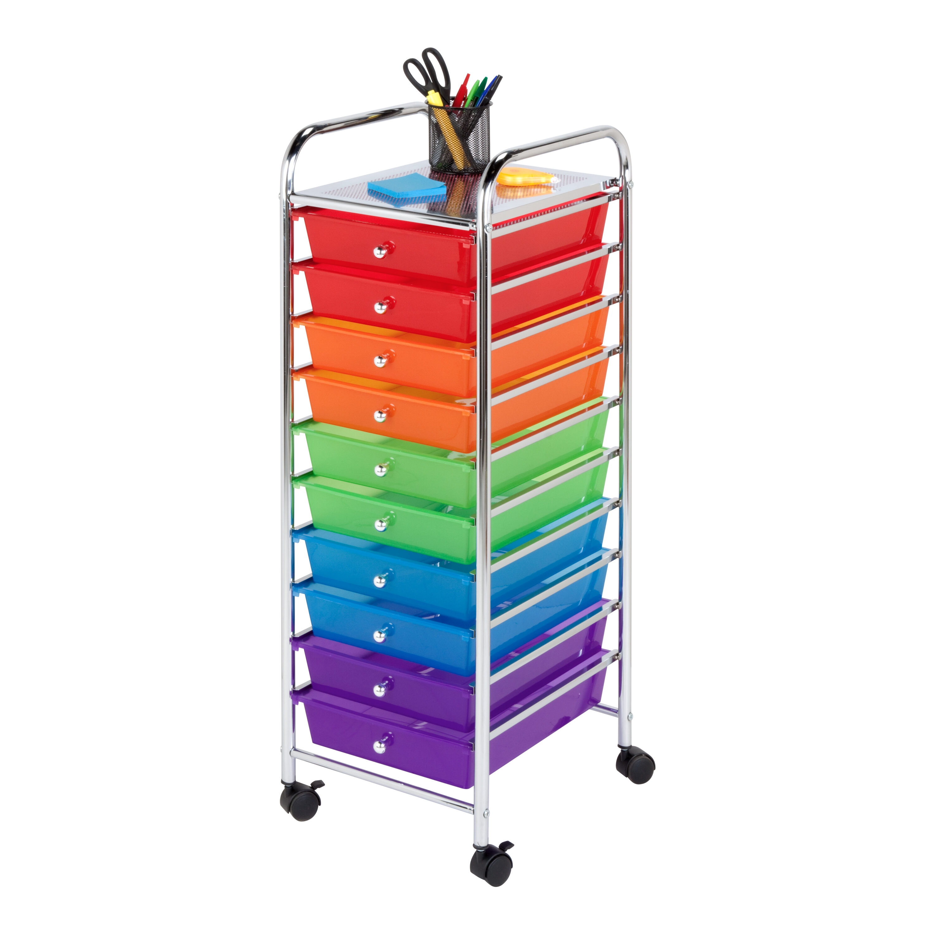 Multi-Color 10-Drawer Rolling Storage Cart with Chrome Frame