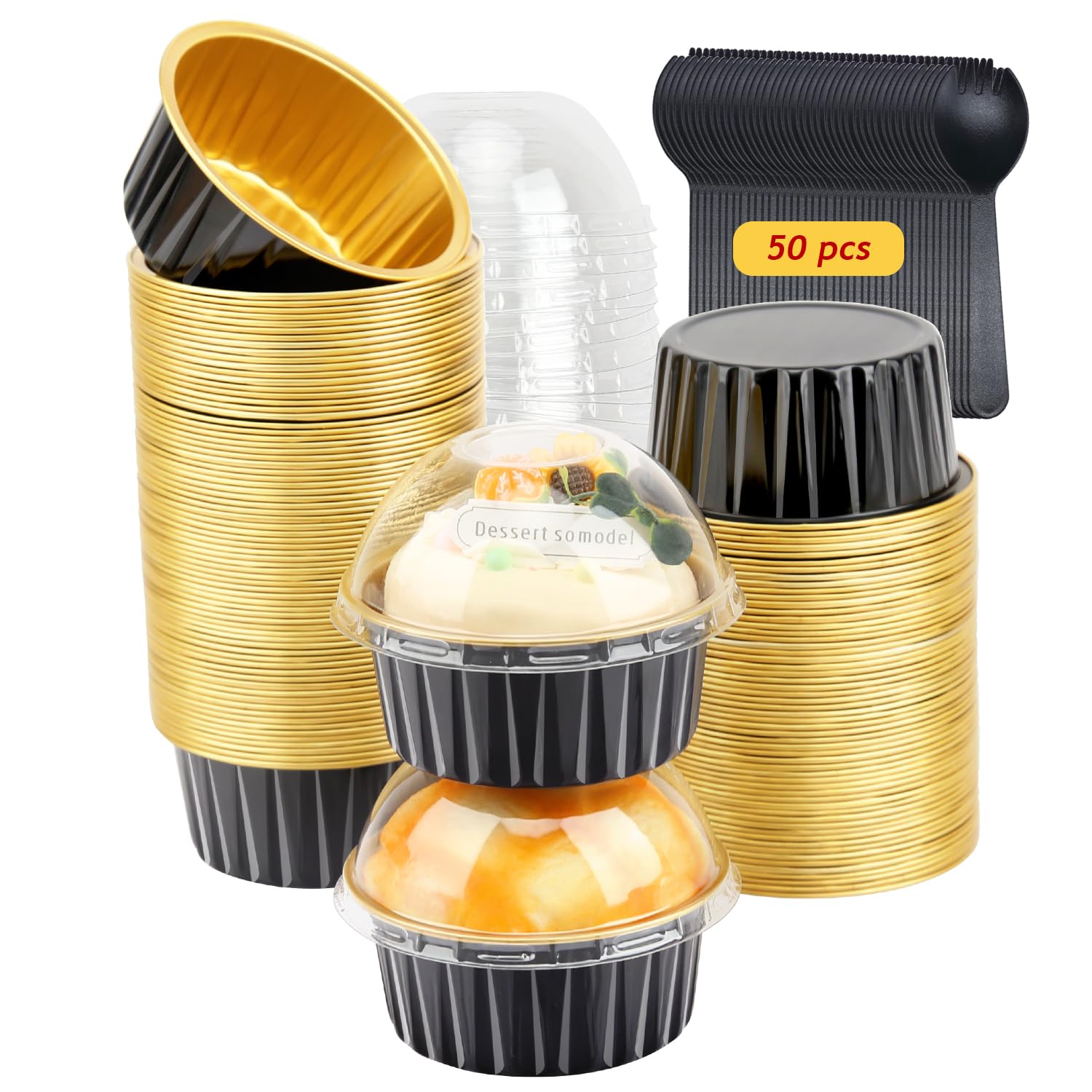 DHMHD  5oz Foil Ramekins with Lids 50 Pack Aluminum Foil Cupcake Liners Muffin Cups Disposable Baking Tins with 50 Spoons Black