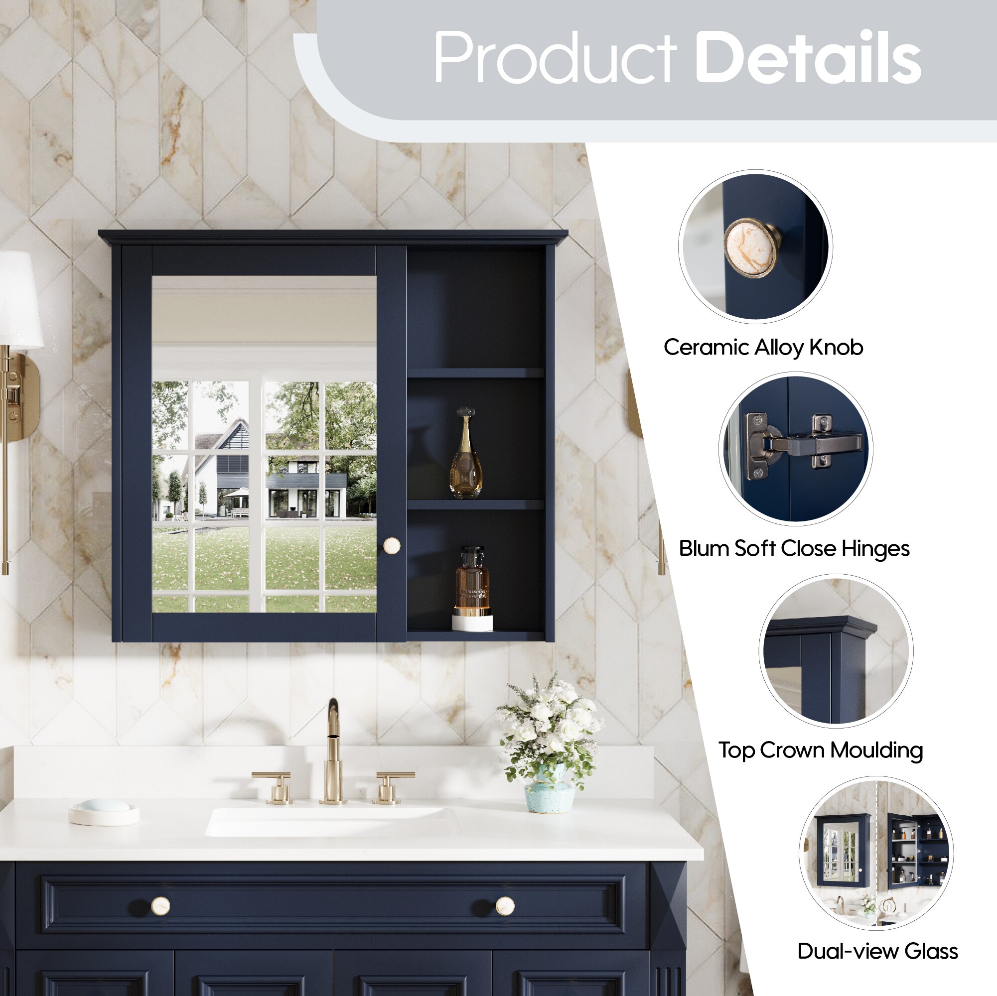 Forclover Assembled Solid Wood 34-in x 30-in Surface Mount Gray Mirrored Soft Close Medicine Cabinet