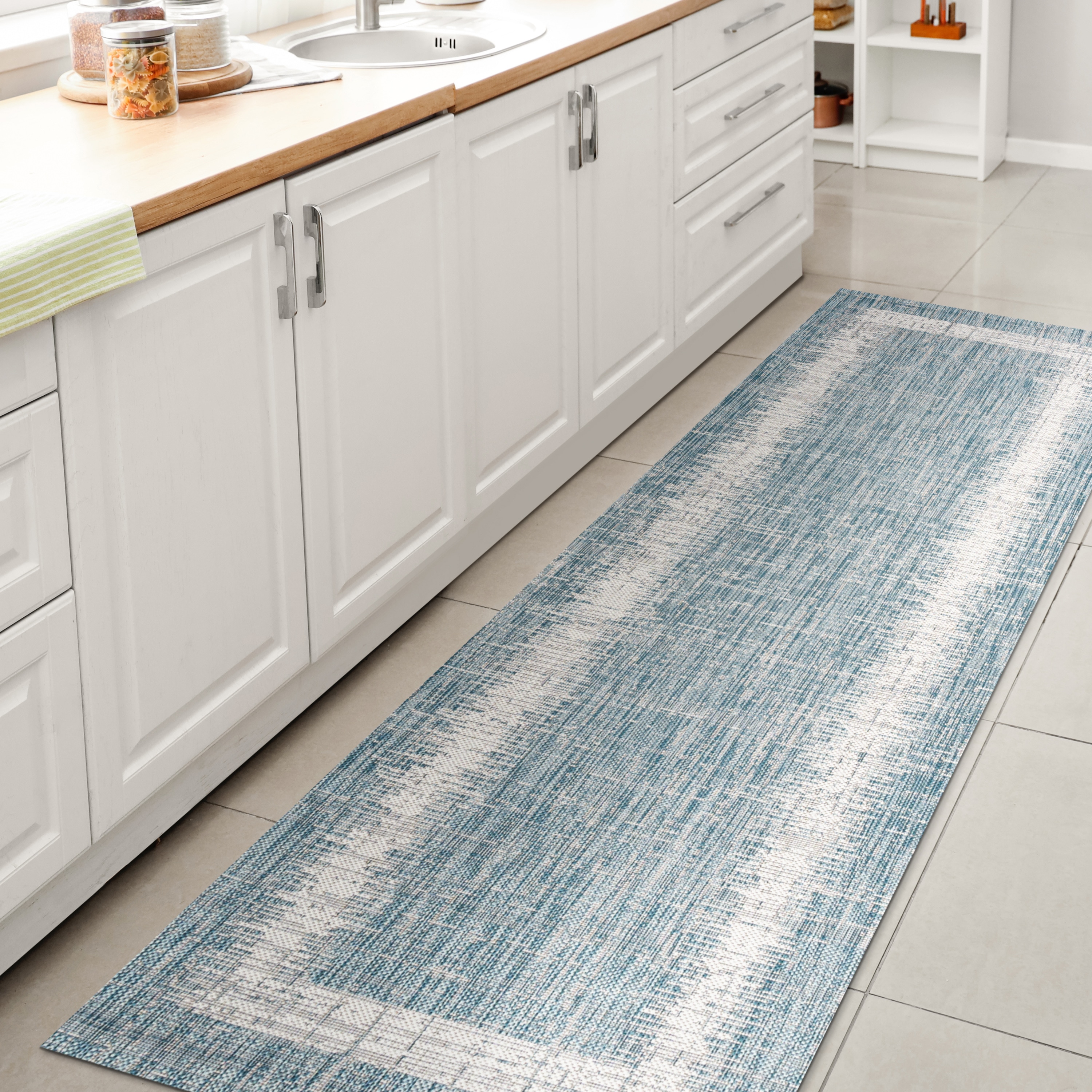 JONATHAN  Y SMB118A-210 Santa Monica Scandi Minimalist 2 x 10 (ft) Loomed Polypropylene Aqua/Ivory Rectangular Indoor/Outdoor Border Coastal Runner rug