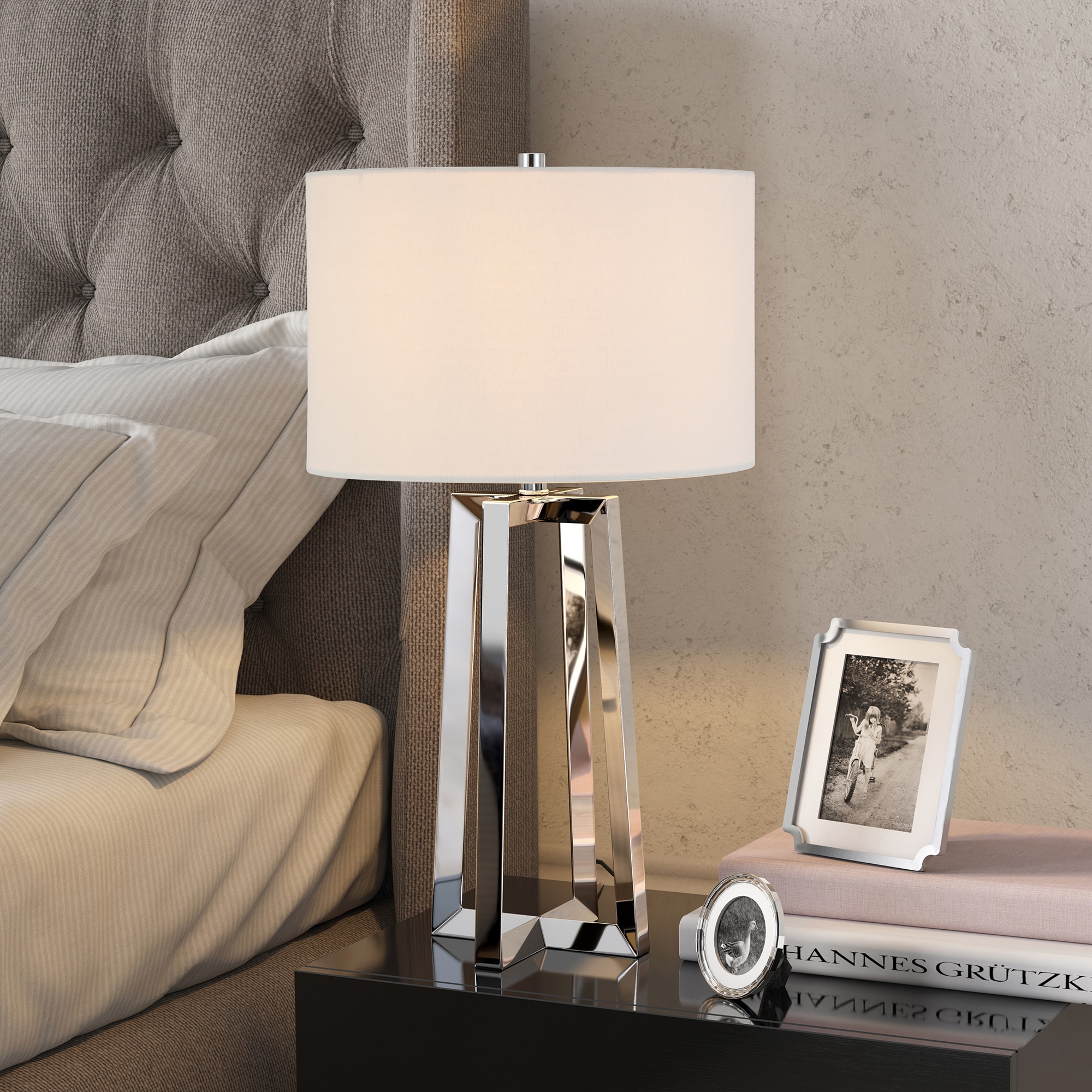 Hailey Home TL0115 Helena 2525-in Nickel Rotary socket Table Lamp with Fabric Shade