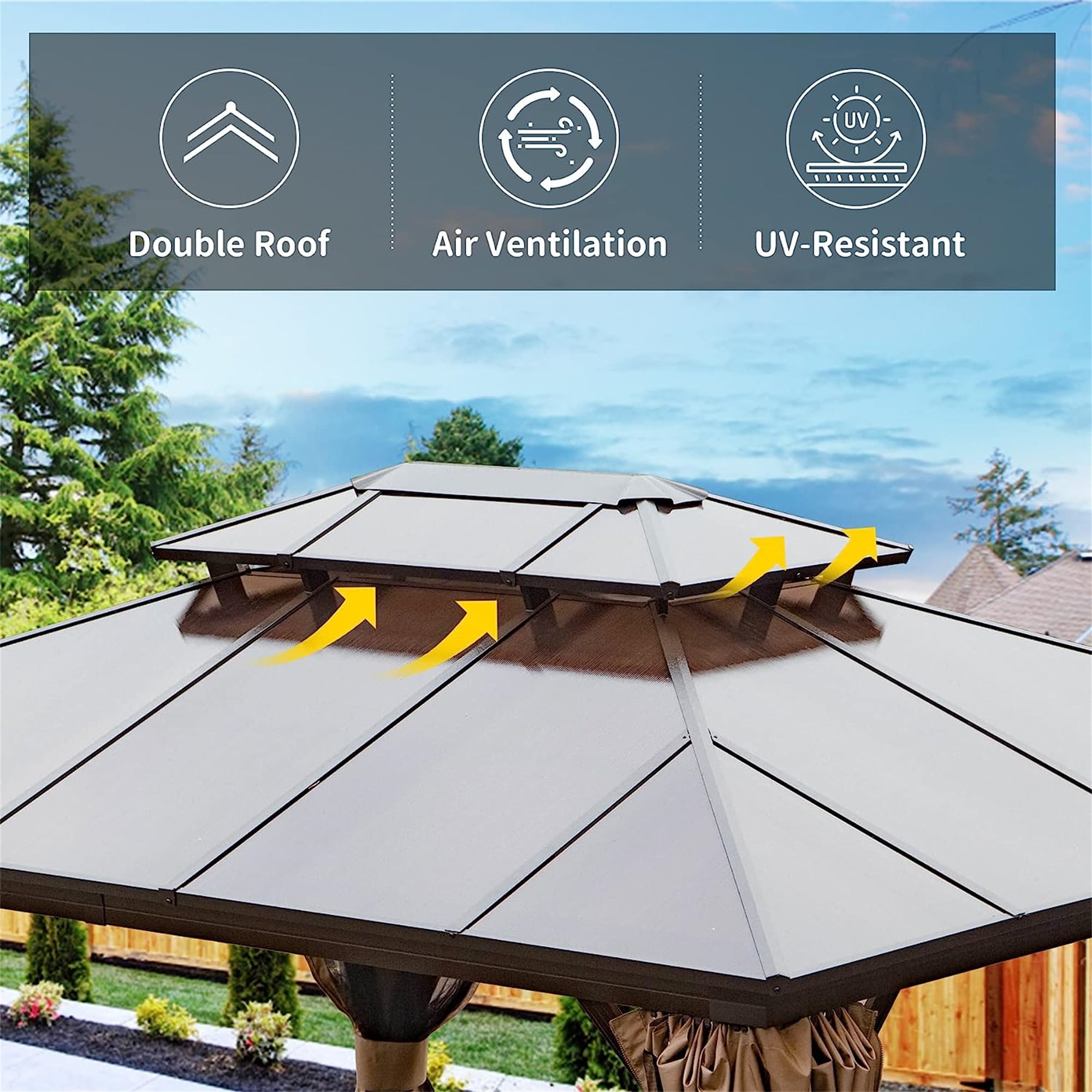 Brown Aluminum Hardtop Patio Gazebo with Curtains and Netting