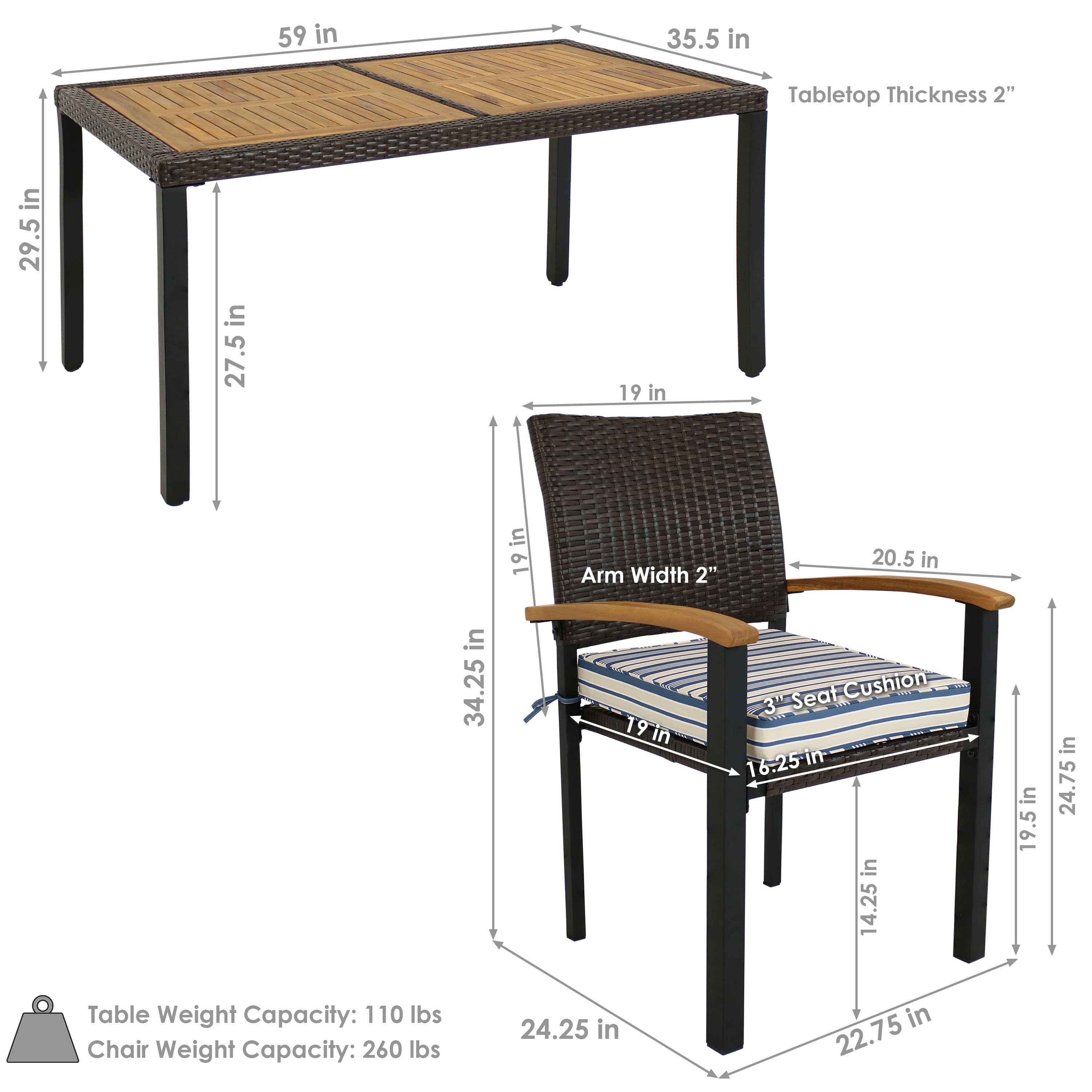 Carlow 7-Piece Brown Rattan and Acacia Wood Patio Dining Set with Blue Cushions