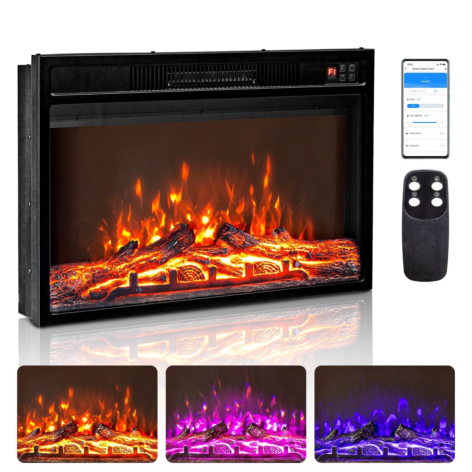 ROVSUN 26-in W Electric Fireplace Inserts with APP Remote Control and 8H Timer ETL 1400W