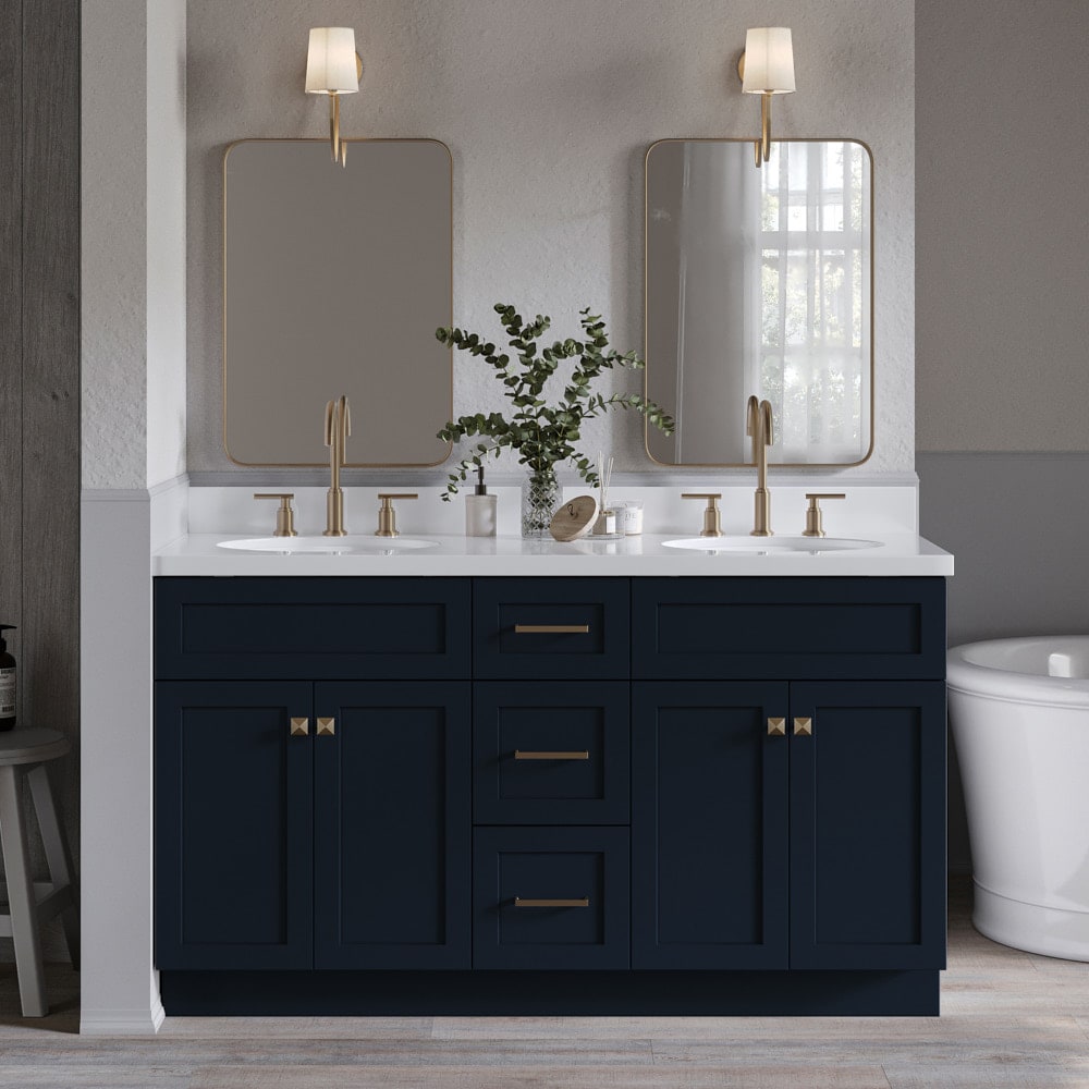 ARIEL F061DWQOVOMNB Hamlet 61-in Midnight Blue Undermount Double sink Bathroom Vanity with Pure White Quartz Quartz Top