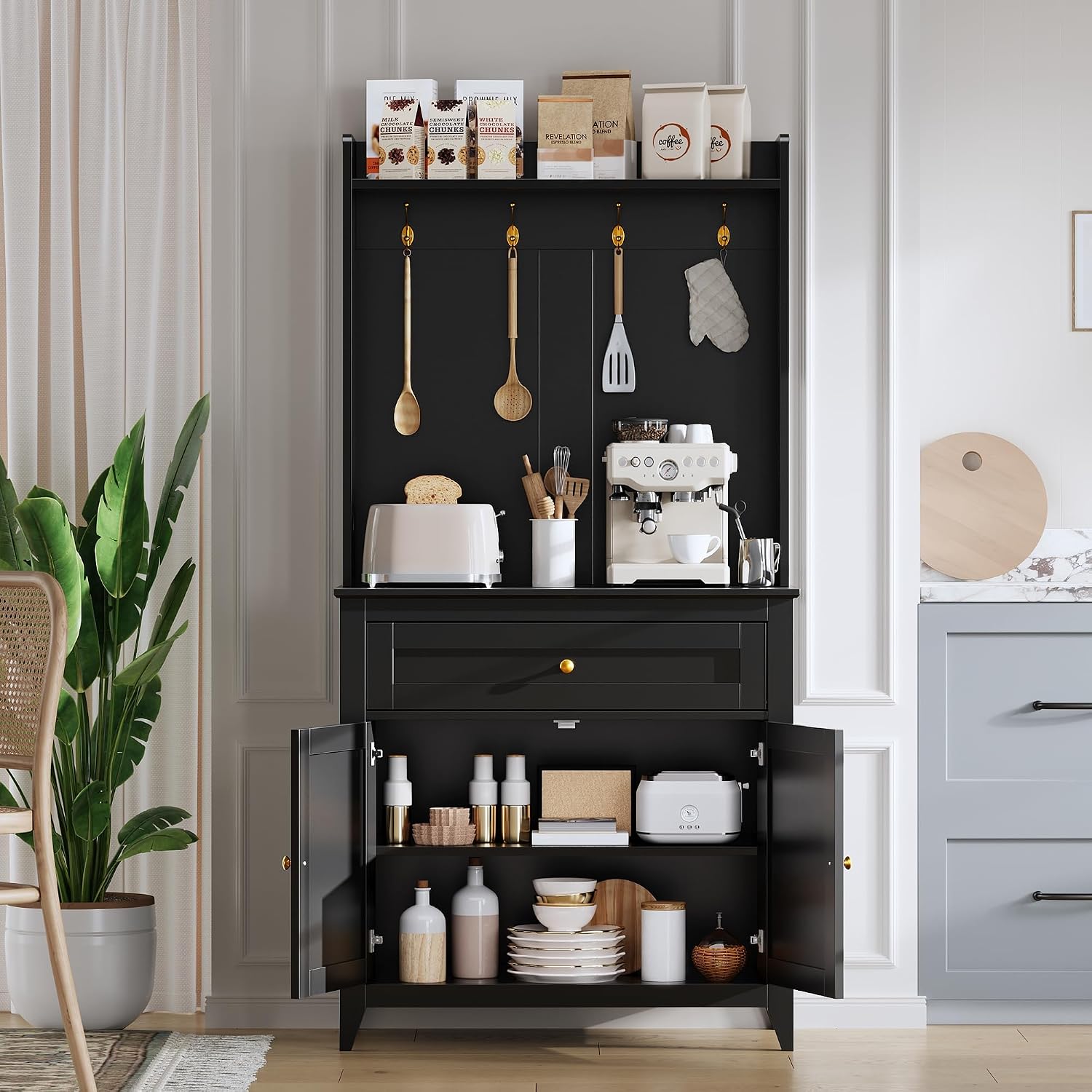 Assile 63 in Black Pantry Cabinet with Charging Station 4 Hooks Large Drawer and Adjustable Shelves