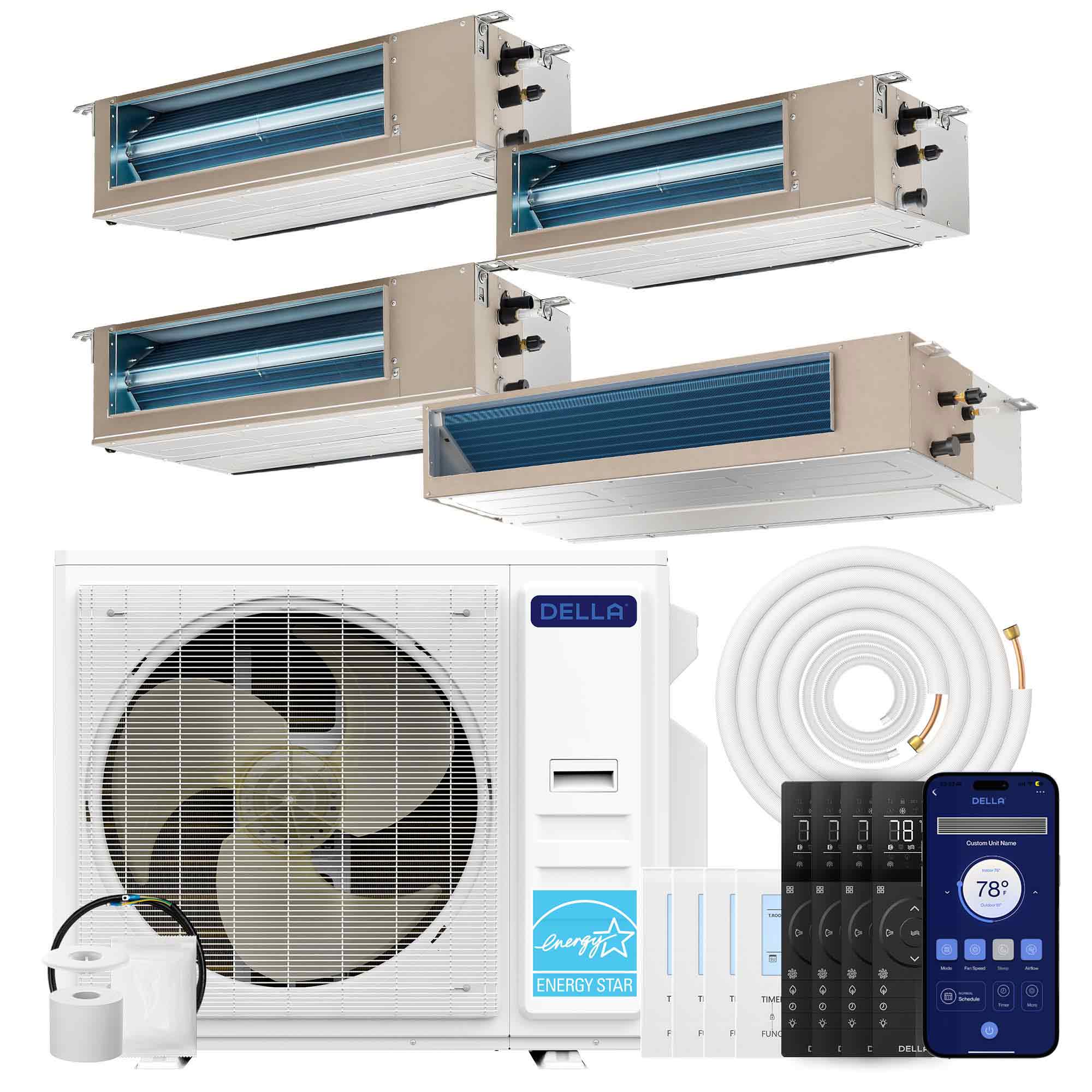 DELLA  41K BTU 4 Zone (9500+11000+11000+22000 BTU) Ducted Mini Split AC