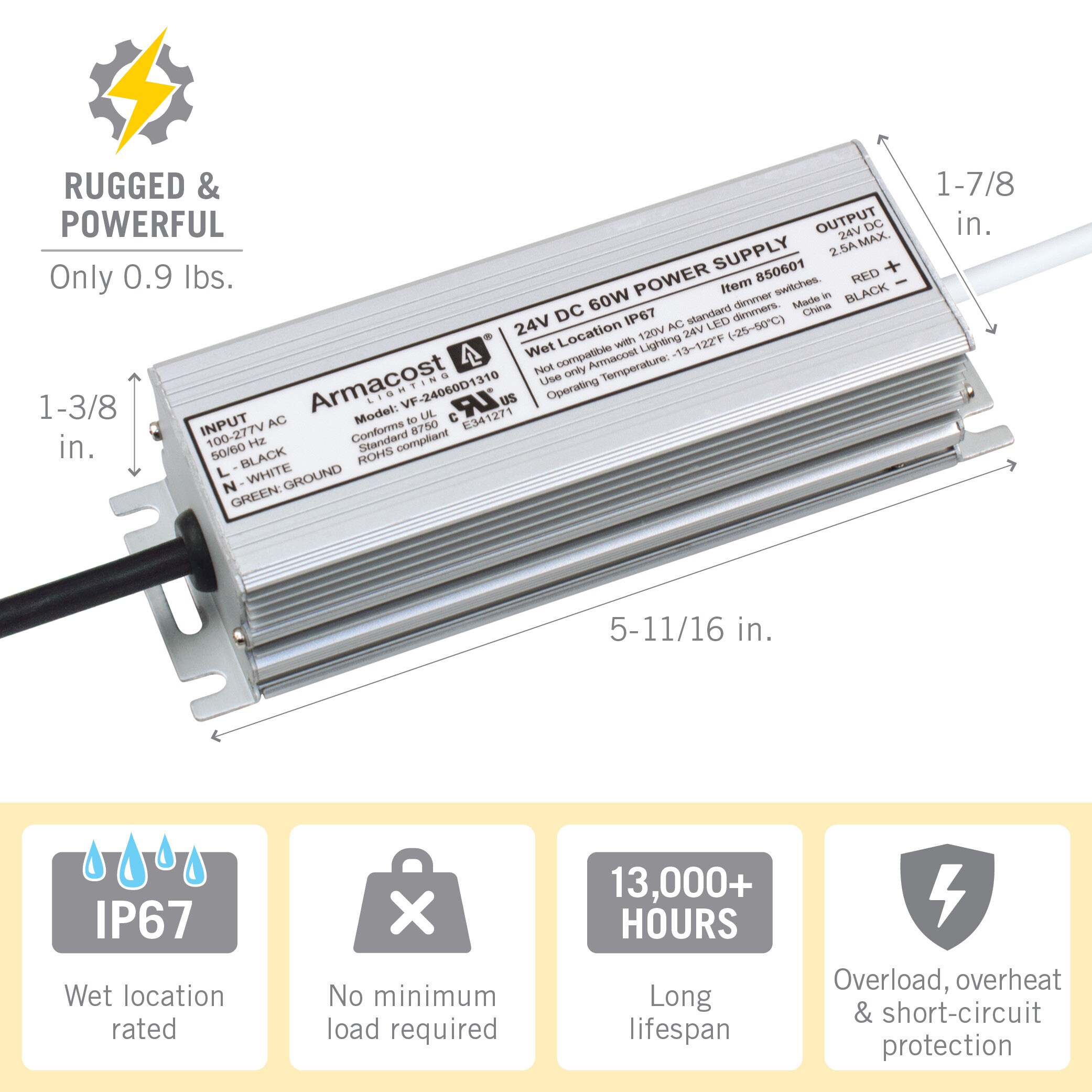 60W Silver Aluminum Waterproof LED Driver for Indoor/Outdoor Use