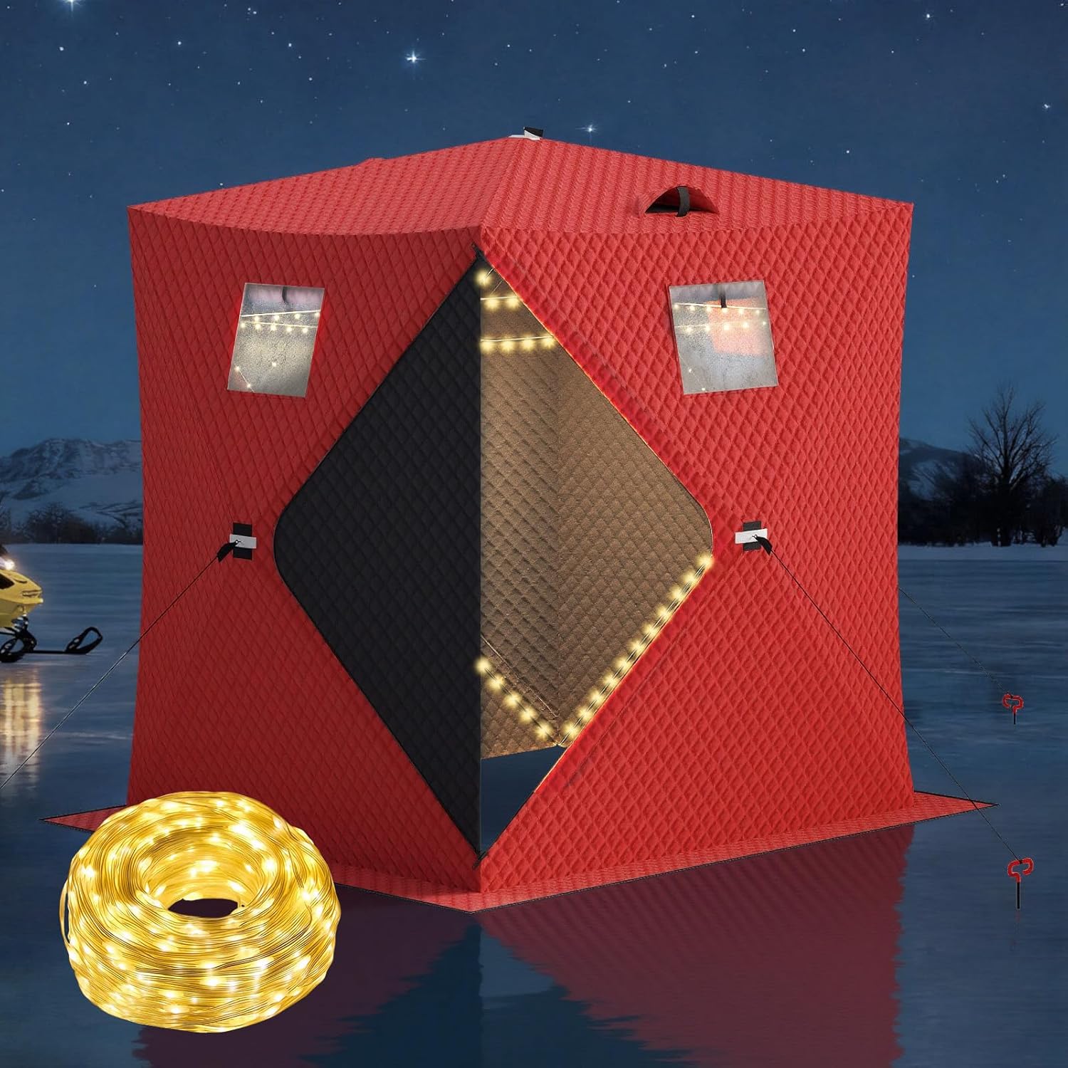 Garvee Pop Up Ice Fishing Shelter and Insulated Ice Fishing Tent with LED Light Strip Windproof Portable Hub Design 1-2 People Fishable Area Red