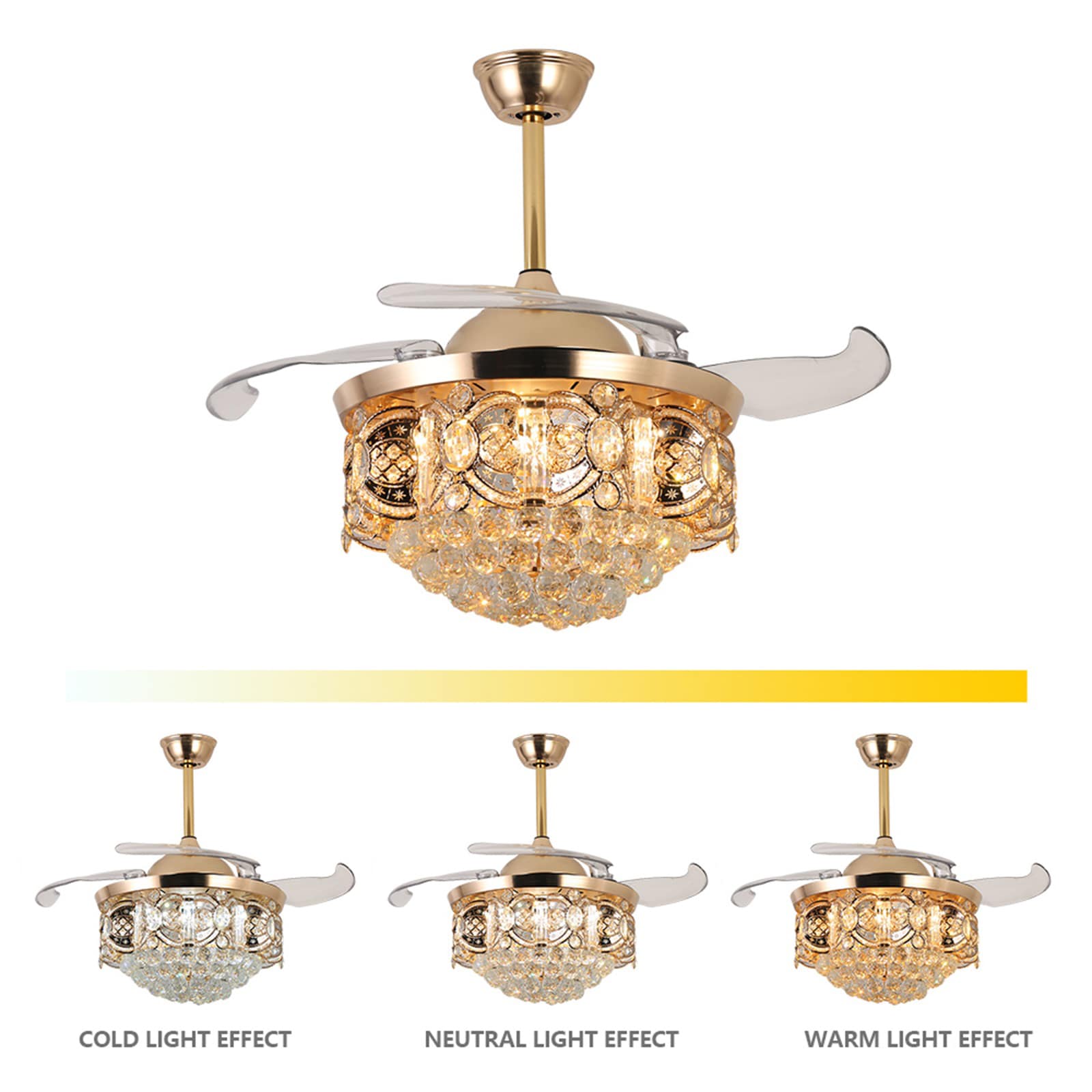 Gold Crystal 42'' Retractable Blade Ceiling Fan with Remote
