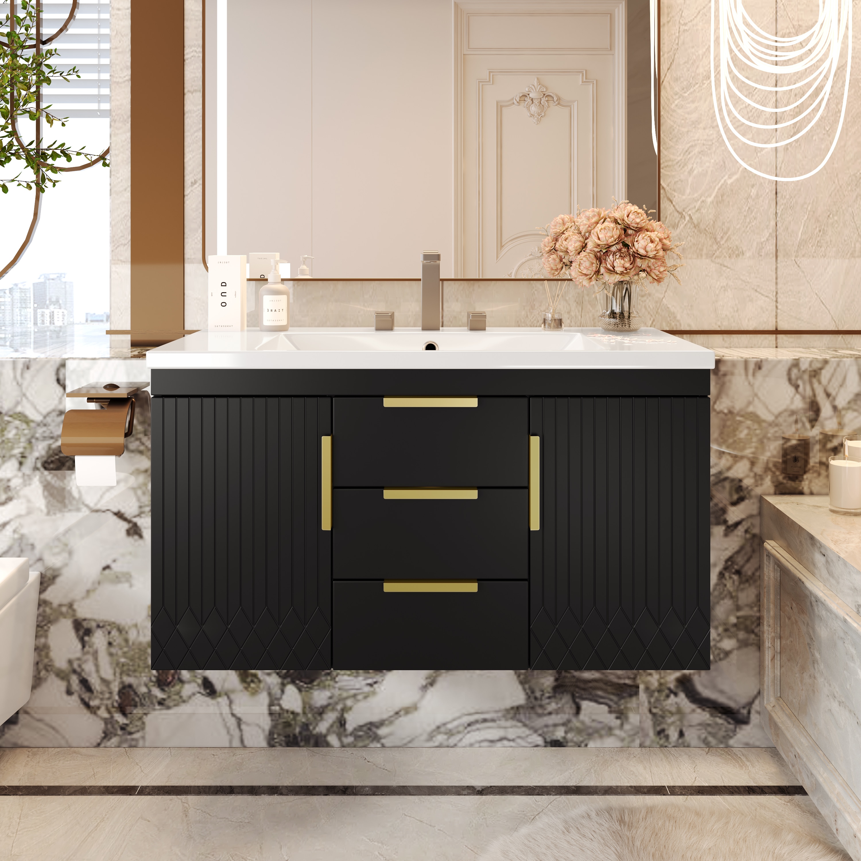 Iseryn Bath Vanity 36-in Black Undermount Single Sink Floating Bathroom Vanity with White Acrylic Top
