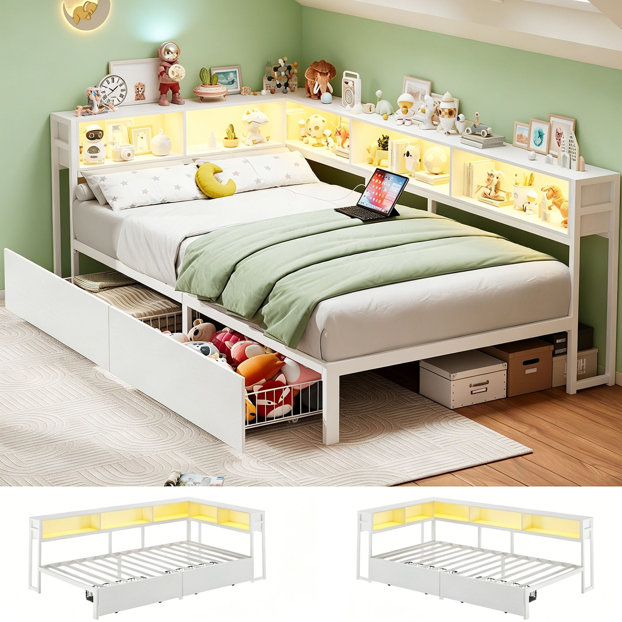 GarveeLife - Twin White Corner Daybed With Bookcase Headboard Storage Drawers Charging Station LE...