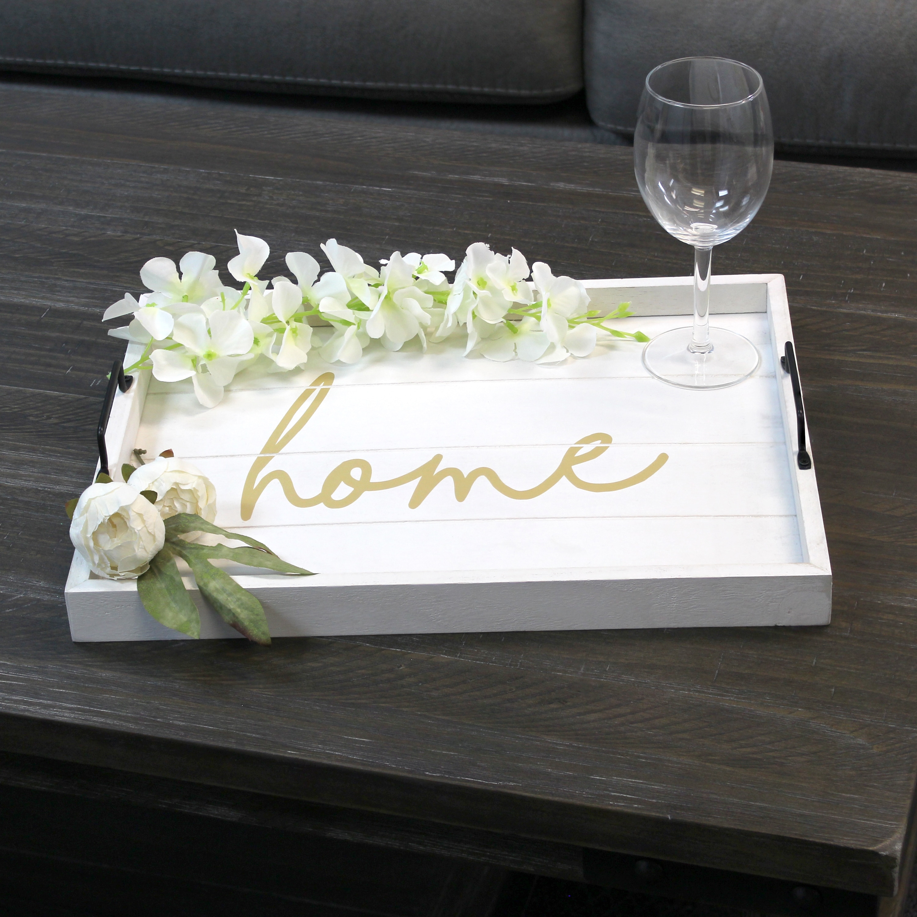 White Wash Wood Serving Tray with Black Metal Handles