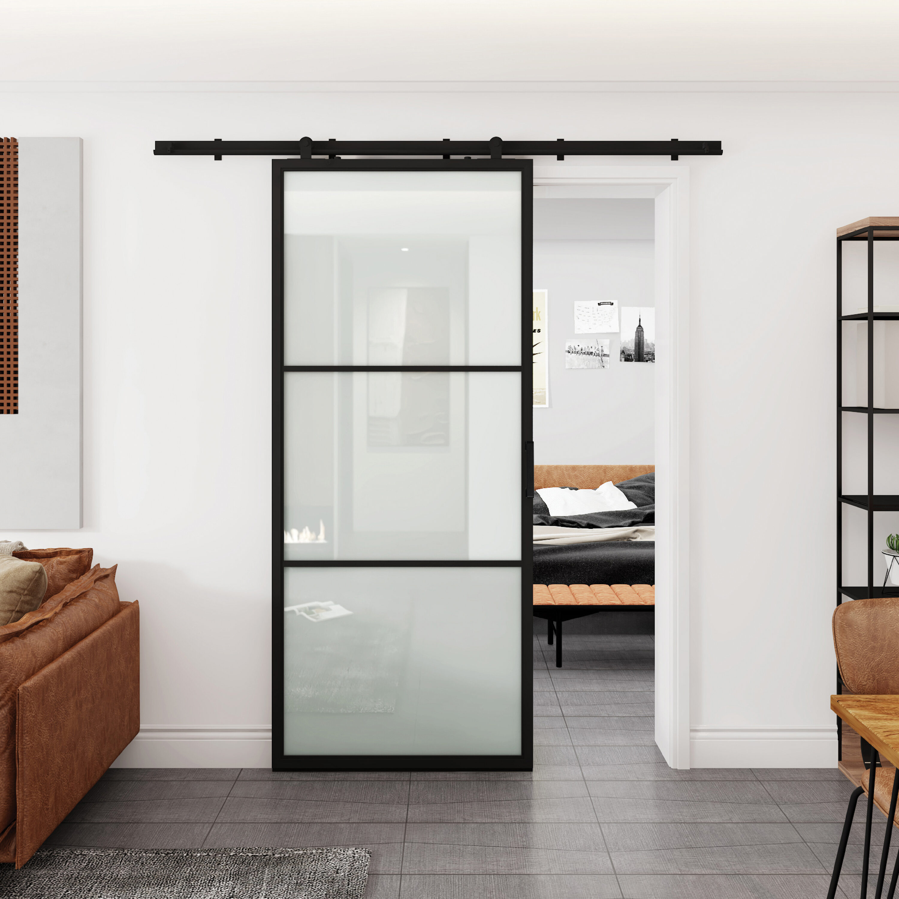 RELIABILT 36-in x 84-in Black Frosted glass Aluminum Solid core Single Barn Door (Hardware Included)