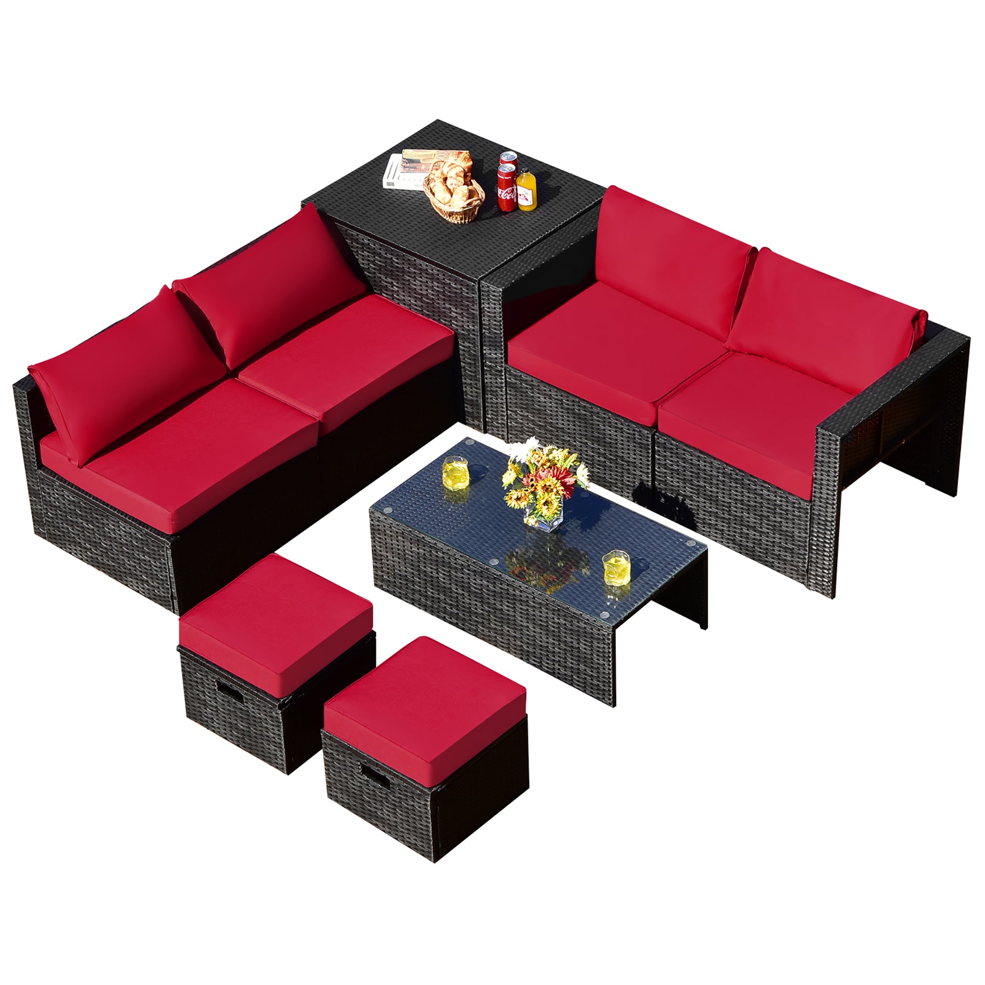 Costway LWS00841 8 -Piece Rattan 4 Patio Sofa Conversation Set with Red Cushions